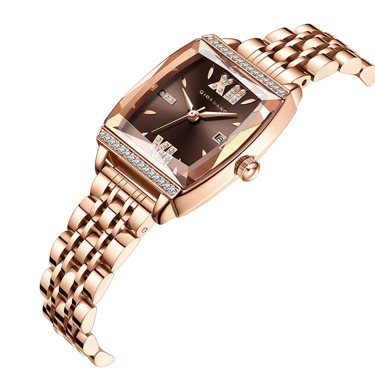 Giordano Analog Watch for Women – Elegant Square Cut-Glass Dial, Crystal Roman Numerals, Stainless Steel Strap – Stylish Luxury Timepiece & Gift | GZ-60117-22