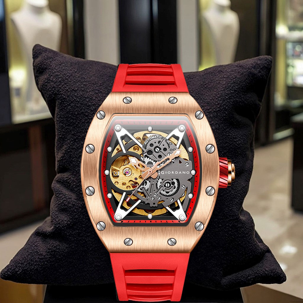 Giordano Automatic Wrist Watch for Men - Open Skeleton Dial | Brushed Steel Case Mechanical Movement with Silicone Strap | GZ-50145-03