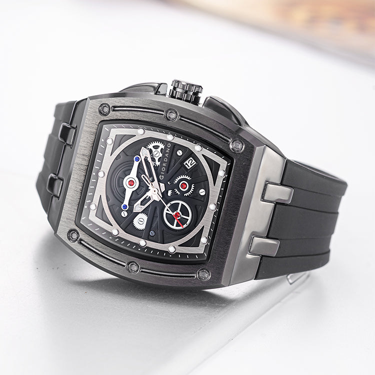 Giordano Sqaure Analog Casual Sporty Watch for Men – Mechanical-Inspired Dial, Date Display, Quartz Movement and Comfortable Silicone Strap | GZ-50151-01