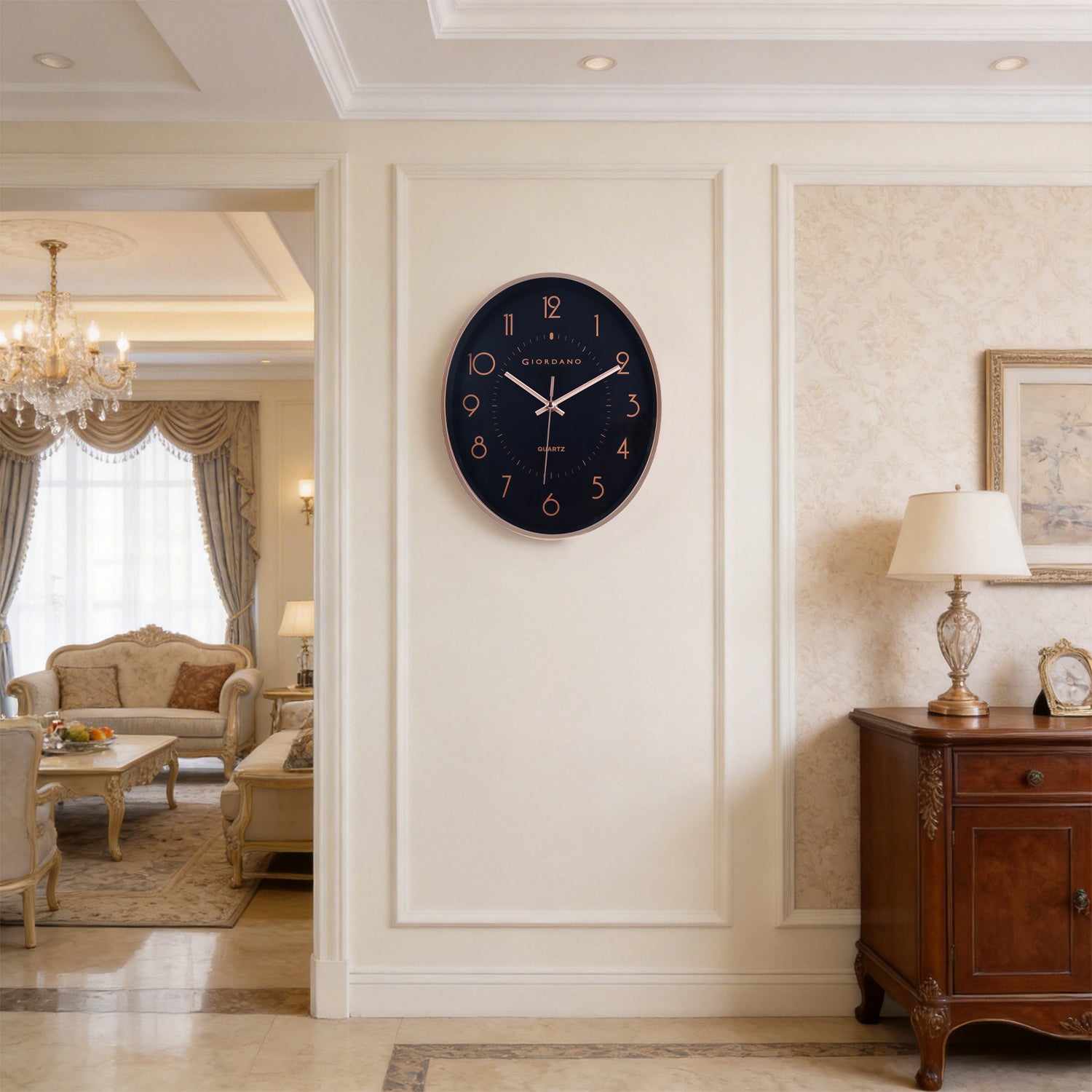 Giordano Wall Clock, Silent Sweep Non-Ticking Quartz Movement, 12.6 Inch(32 cm) HD Glass Black Dial, Rose Gold Oval Plastic Frame, Metal Hand - GDCLTY1001RGBLK