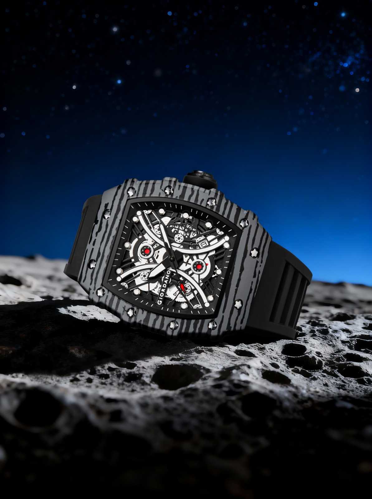 GIORDANO Analog Square Watch for Men with Skeleton Design, Rugged Textured Case, Luminous Hands, and Silicone Strap - GZ-50180-11