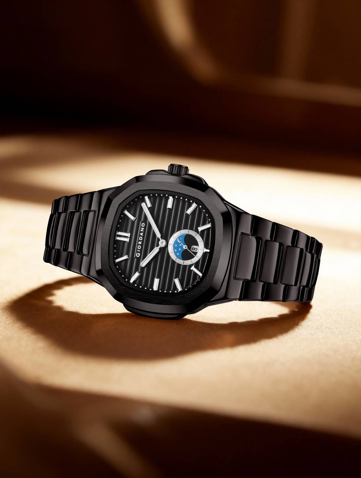 GIORDANO Analog Watch for Men – Classic Moon Phase Design with Textured Dial, Durable Stainless Steel Strap, and Date Display - GZ-50179-11