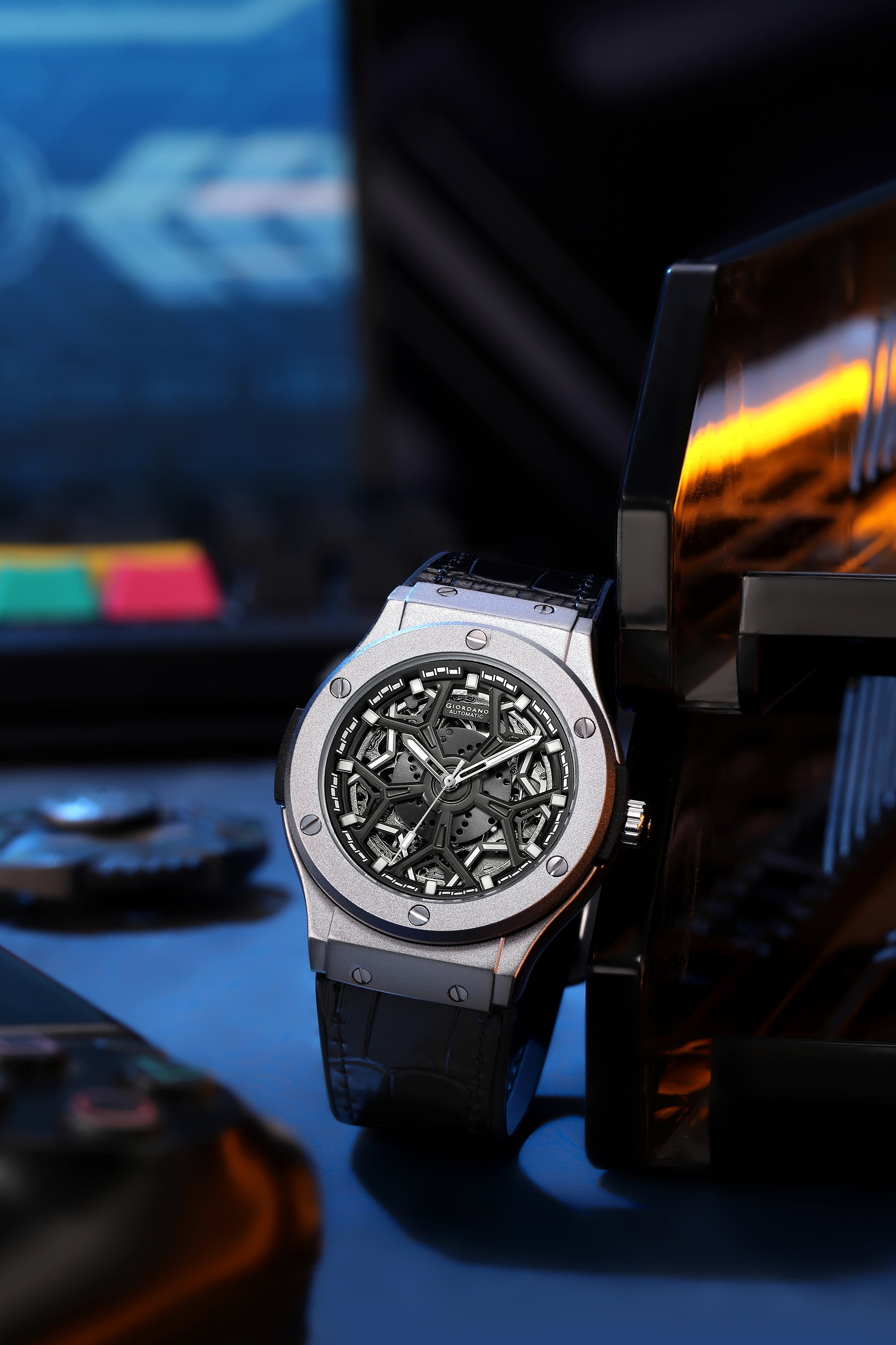 Giordano Analog Chronograph Quartz Watch for Men with Black Dial, Gold-Tone Hands & Hour Markers, Date Display, Octagonal Case and Black Stainless Steel Strap - GZ-50194-11