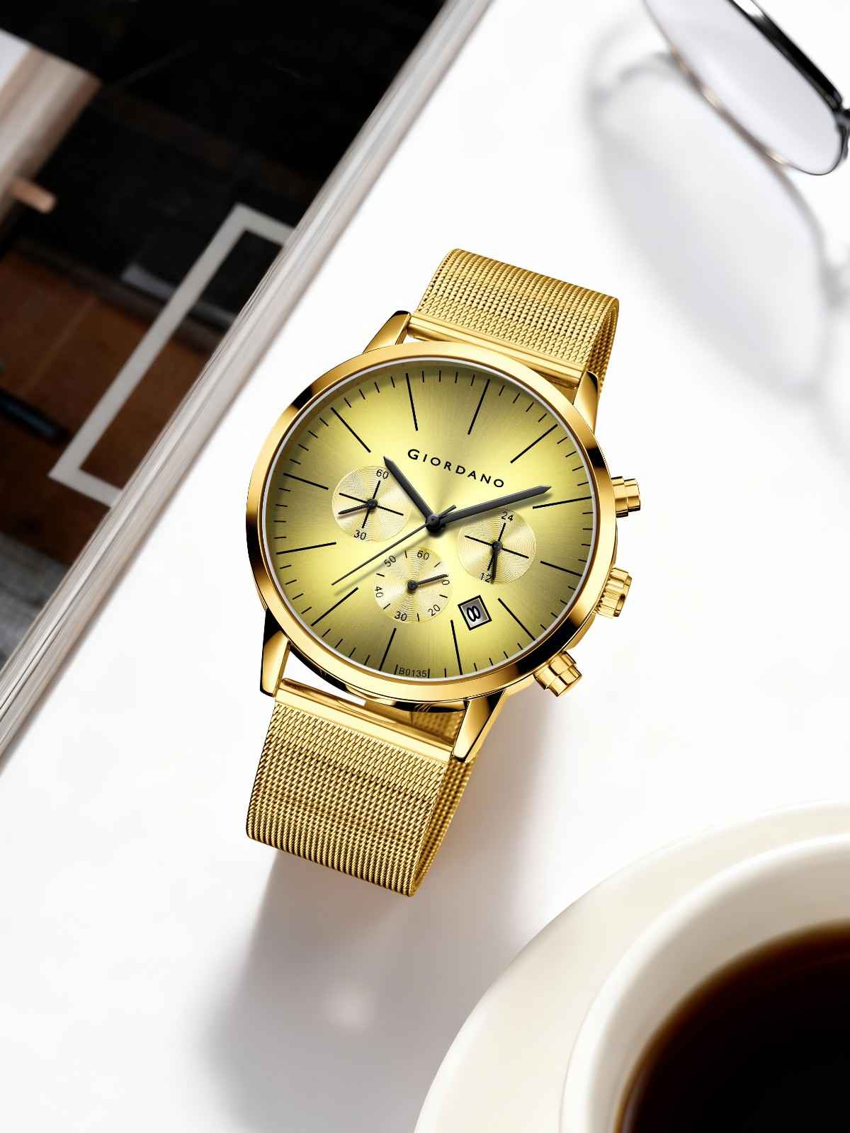 GIORDANO Formal Chronograph Watch for Men with Round Dial, Mesh Metal Strap, and Date Display - GZ-50183-33