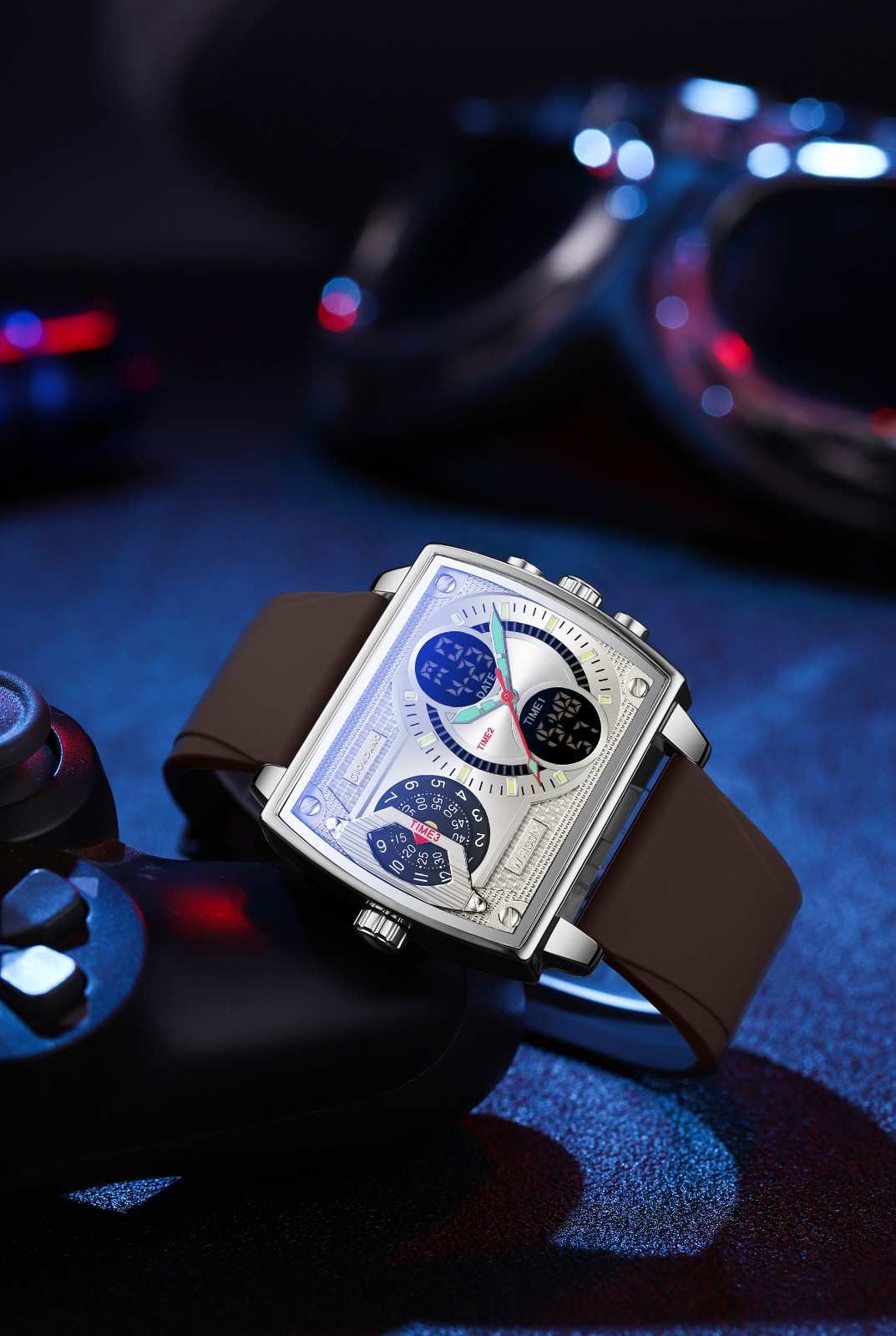 Giordano Square Hybrid Analog-Digital Watch for Men – Triple Time Zone Display with Quartz Precision & Durable Sport Grade Silicone Strap GZ-50161-02