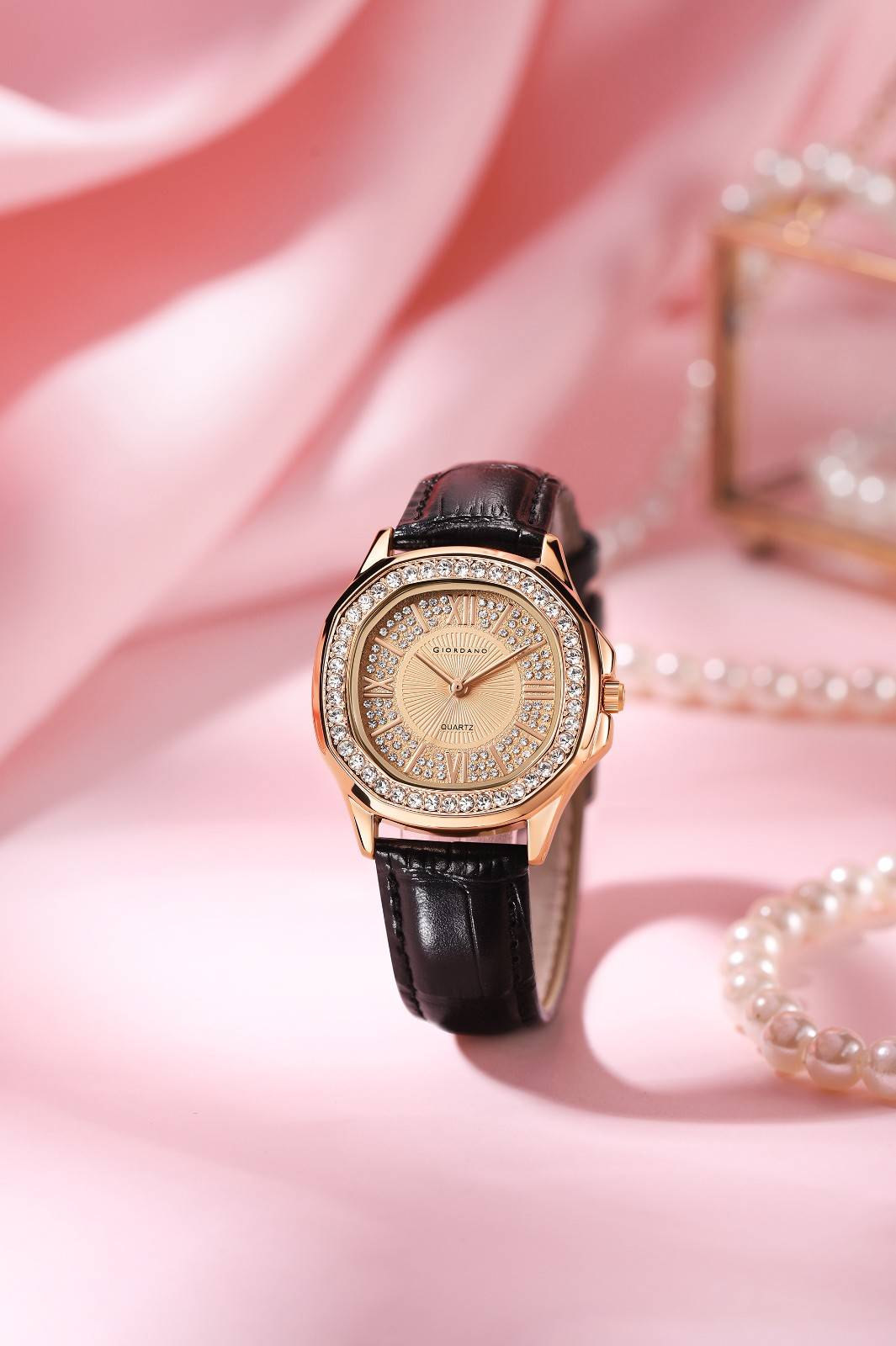 Giordano Luxury Analog Watch for Women with Crystal-Studded Bezel & Leather Strap – Octagonal Case, Elegant Quartz Wristwatch GZ-60141-11