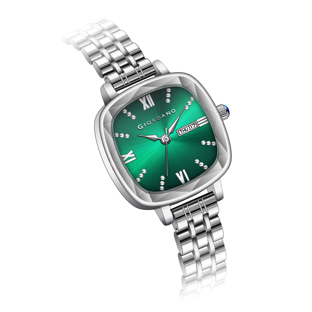 Giordano Elegant Square Watch for Women – Crystal & Roman Hour Markers, Day-Date Display, Stainless Steel Strap | GZ-60097-99