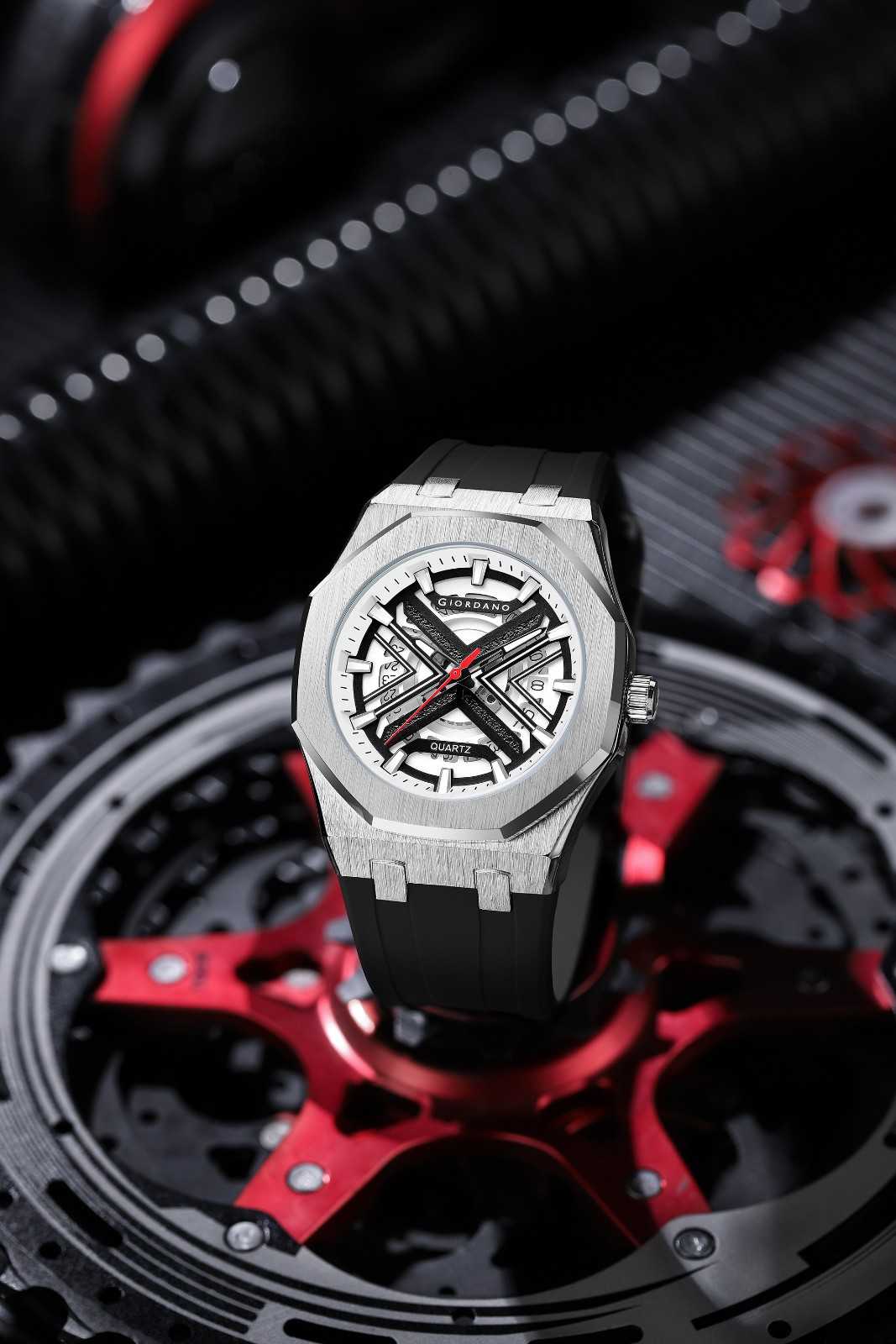 Giordano Analog Quartz Watch for Men – Bold Octagonal Case, Skeleton-Style Dial with Red Seconds Hand, Textured Rubber Strap, Sporty Casual Timepiece - GZ-50185-22