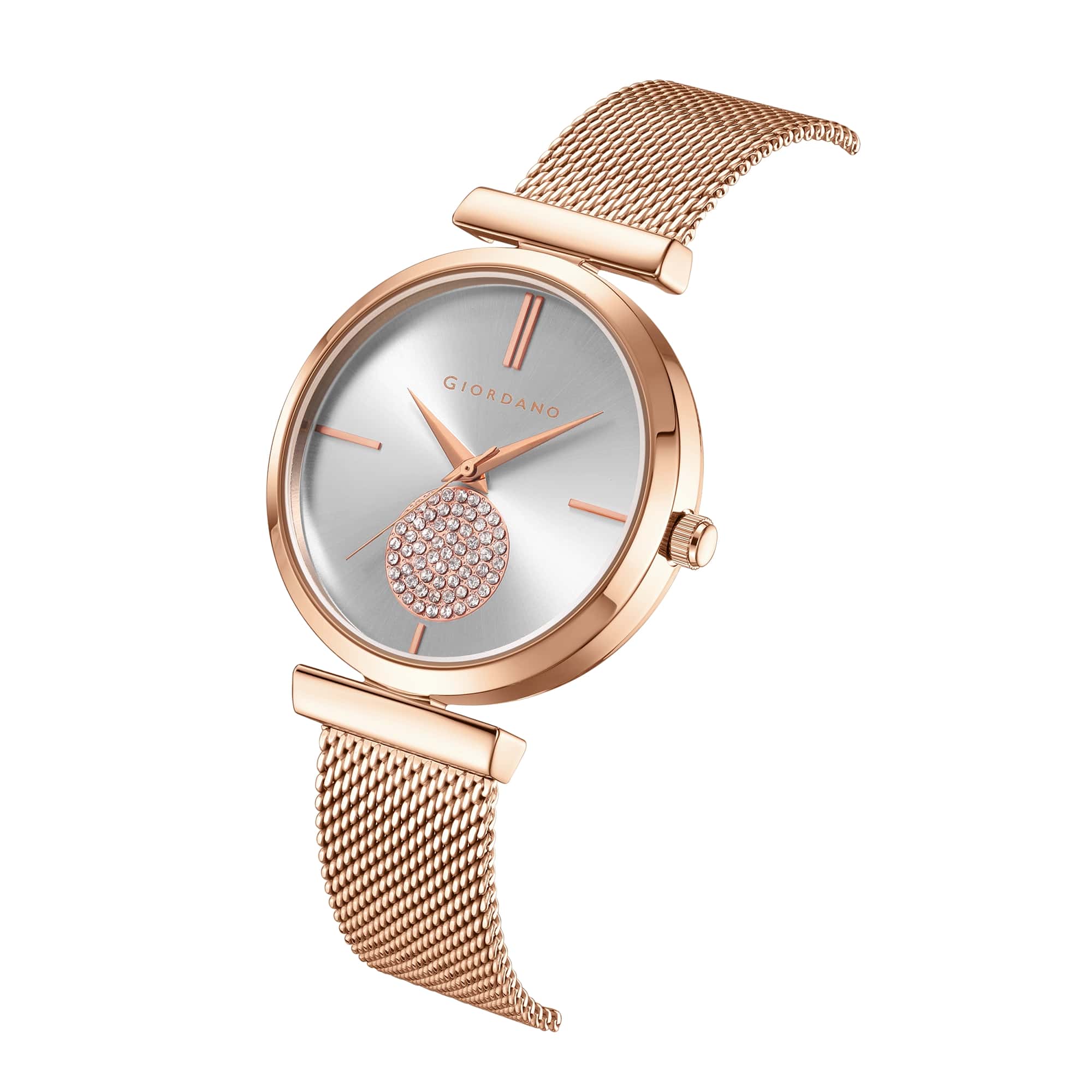 Giordano Eleganza Collection Analog Watch for Women with Crystal Studded Dial and Metallic Mesh Strap GD-4066-22