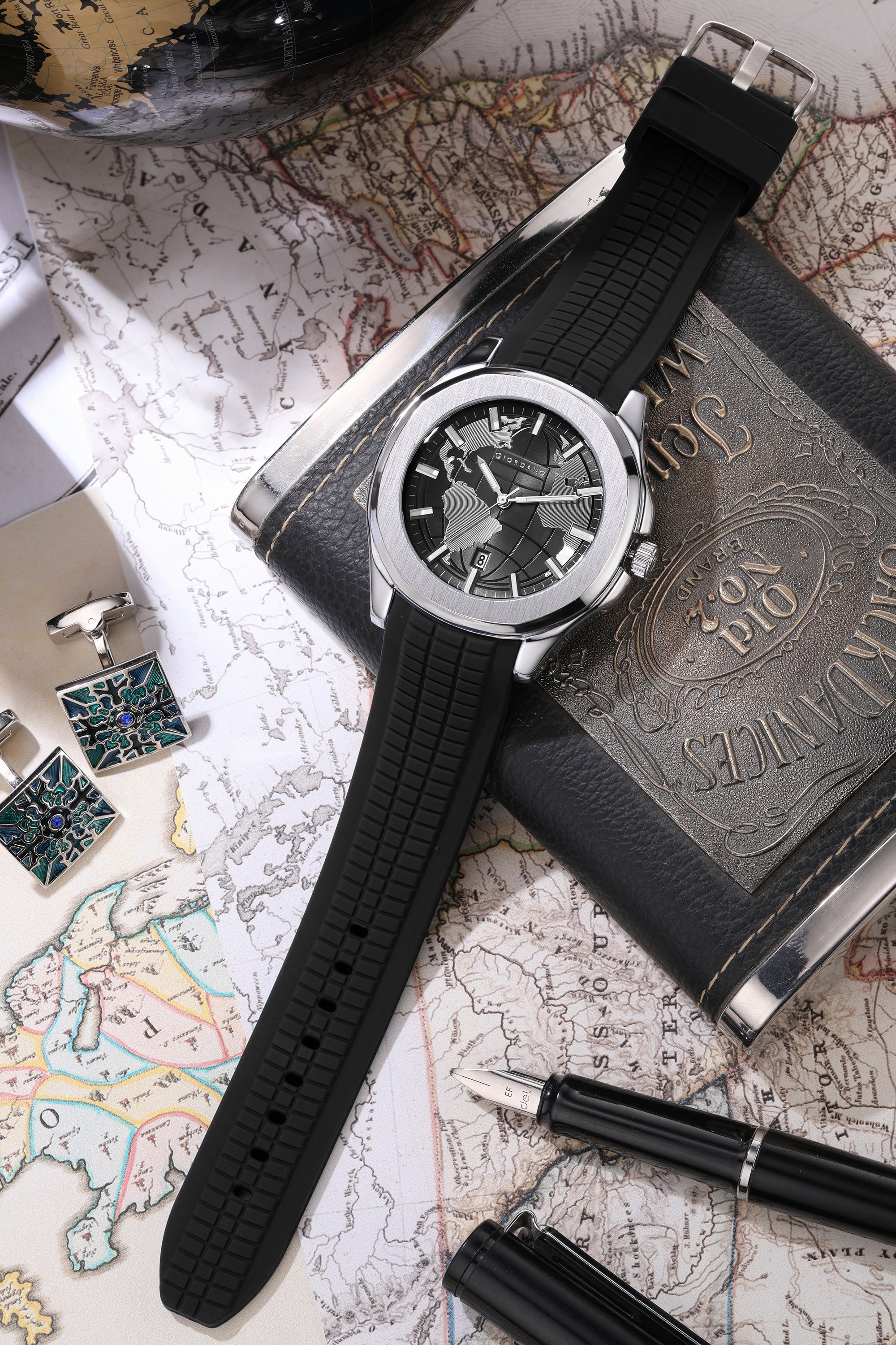 Giordano Stylish World Map design Watch for men with round dial and textured Silicone strap  | GZ-50147-01
