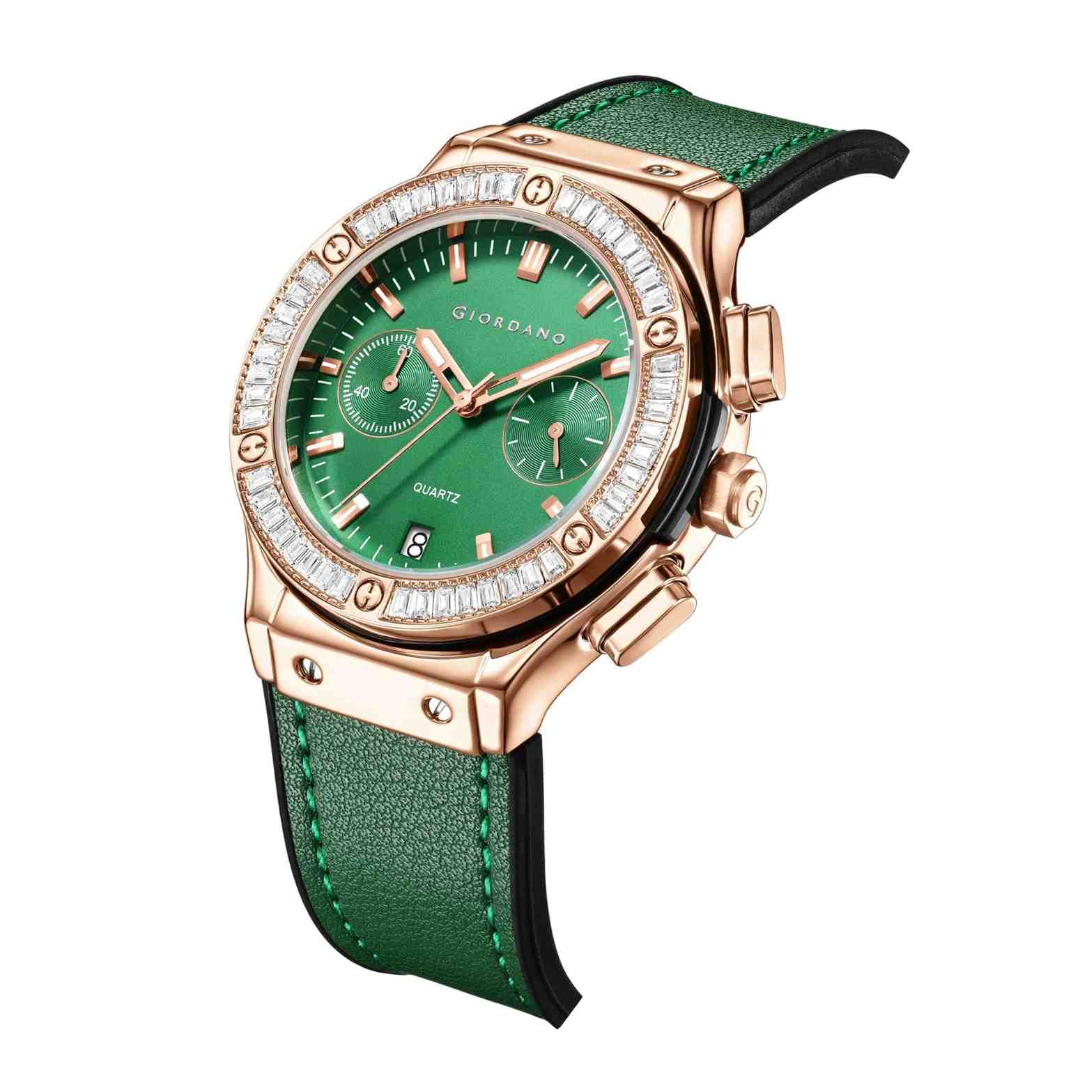 Giordano analog Watch for Women  – Round Dial,  Leather Strap, Crystal-Studded Bezel with Quartz Movement-GZ-60093-07