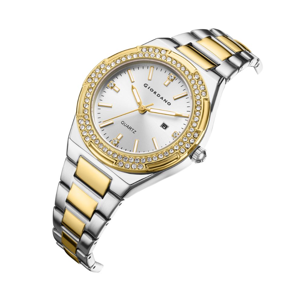 Giordano Analog watch for women with Crystal Bezel, round gloss finish dial, stainless steel strap and date display | GZ-60112-33