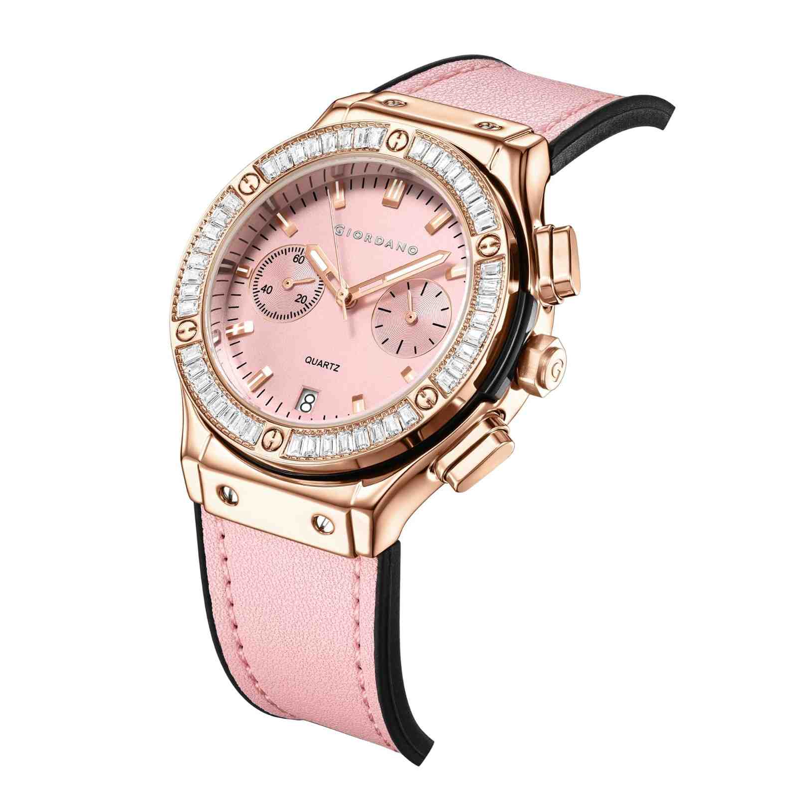 Giordano analog Watch for Women  – Round Dial,  Leather Strap, Crystal-Studded Bezel with Quartz Movement-GZ-60093-04