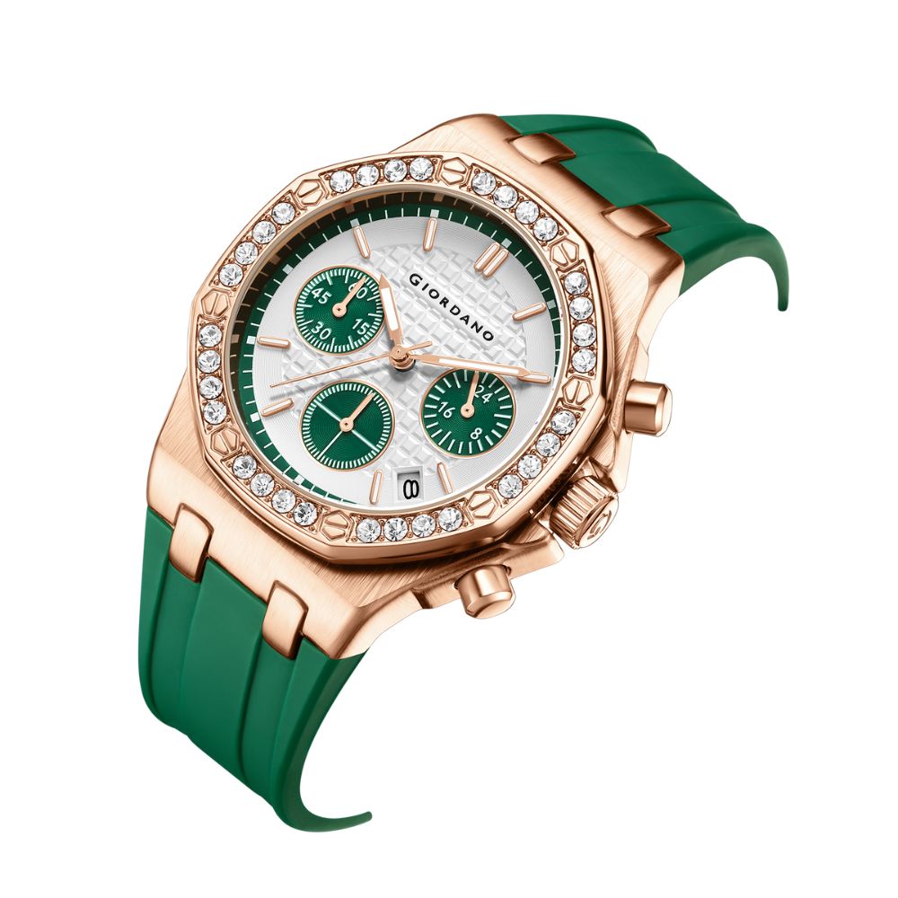 Giordano Chronograph Watch for Women | Stainless Steel Case, Crystal bezel | Modern & Stylish Timepiece with Comfortable Silicone Strap | GZ-50154-33