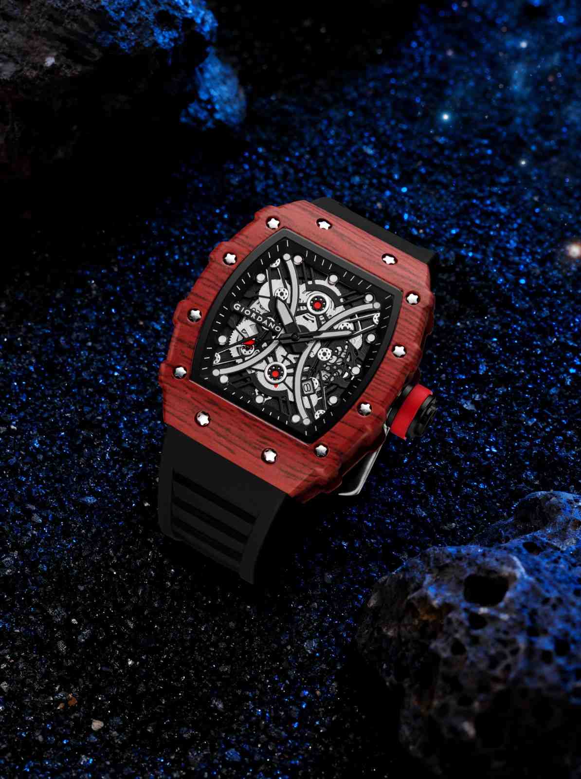 GIORDANO Analog Square Watch for Men with Skeleton Design, Rugged Textured Case, Luminous Hands, and Silicone Strap - GZ-50180-22