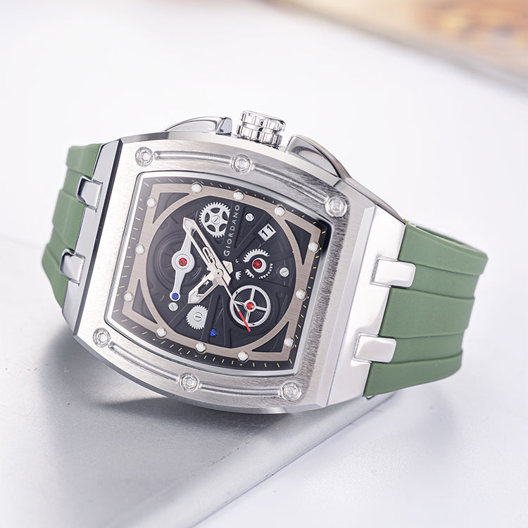 Giordano Sqaure Analog Casual Sporty Watch for Men – Mechanical-Inspired Dial, Date Display, Quartz Movement and Comfortable Silicone Strap | GZ-50151-03