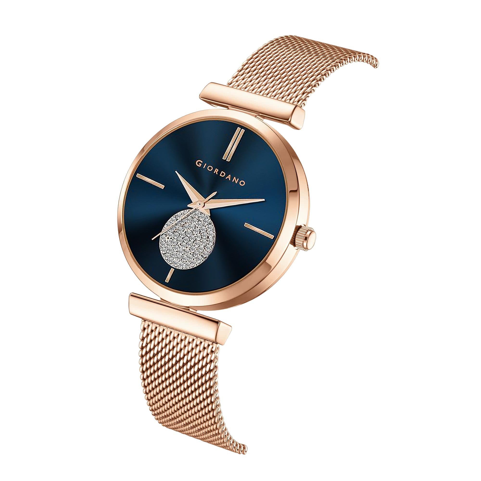 Giordano Eleganza Collection Analog Watch for Women with Crystal Studded Dial and Metallic Mesh Strap GD-4066-44