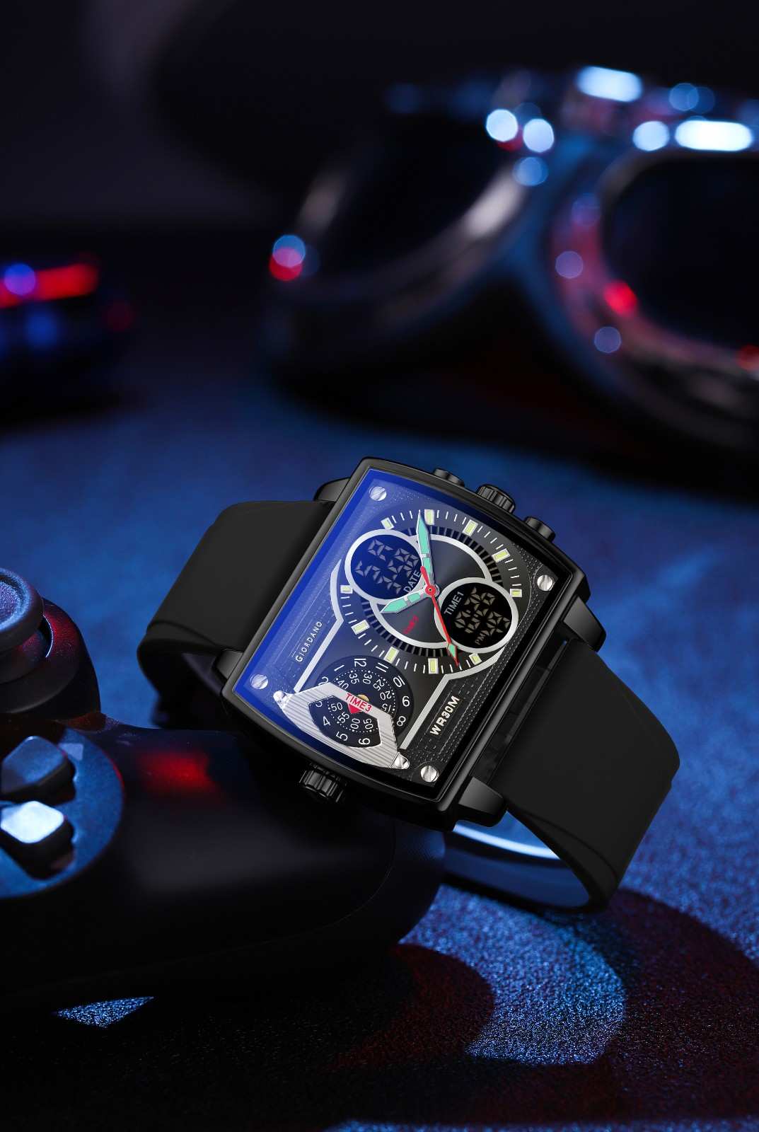 Giordano Square Hybrid Analog-Digital Watch for Men – Triple Time Zone Display with Quartz Precision & Durable Sport Grade Silicone Strap GZ-50161-01