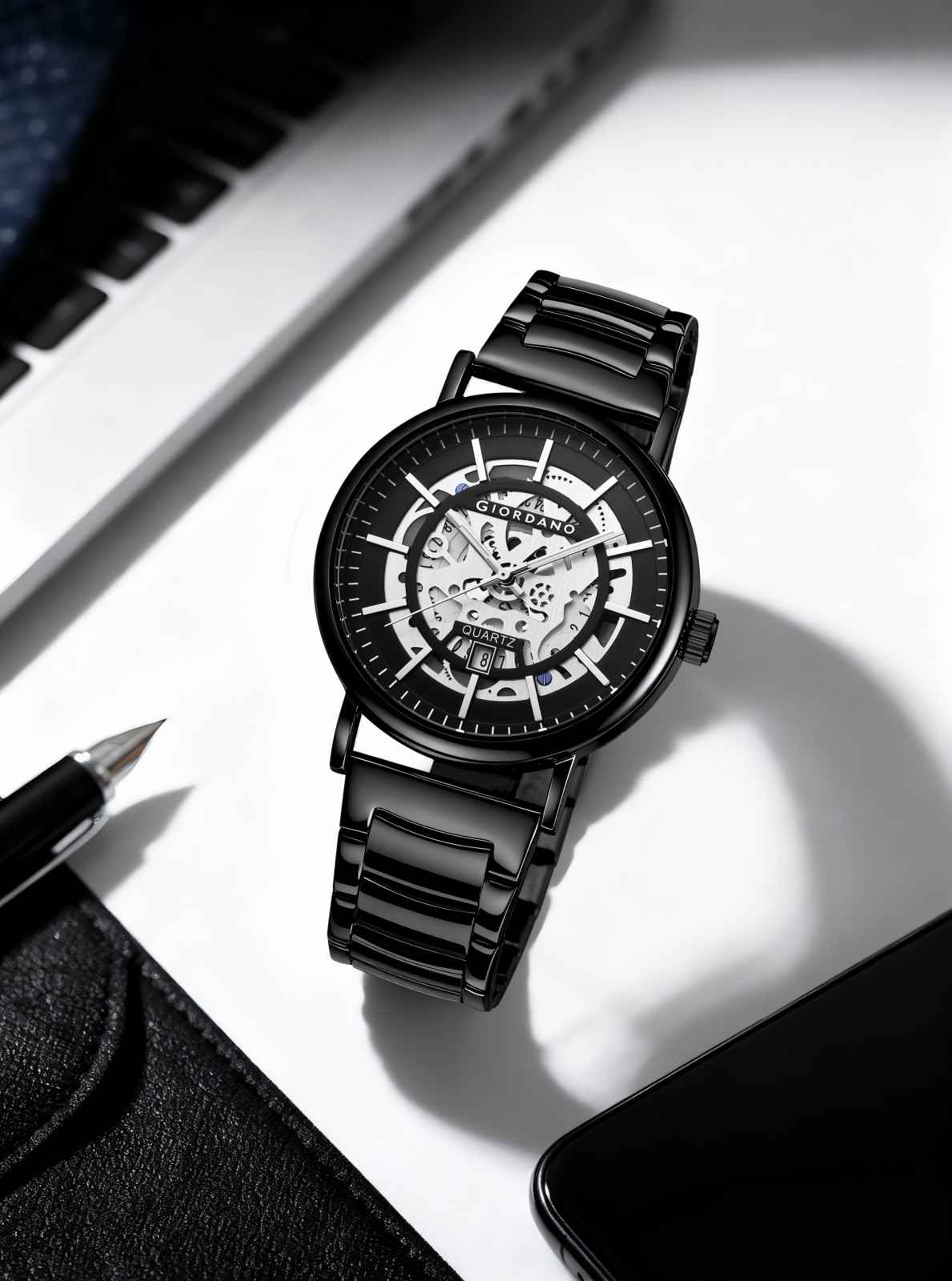 GIORDANO Classic Skeleton Design Watch for Men with Super Luminous Hands, Stainless Steel Strap, and Date Display - GZ-50182-11