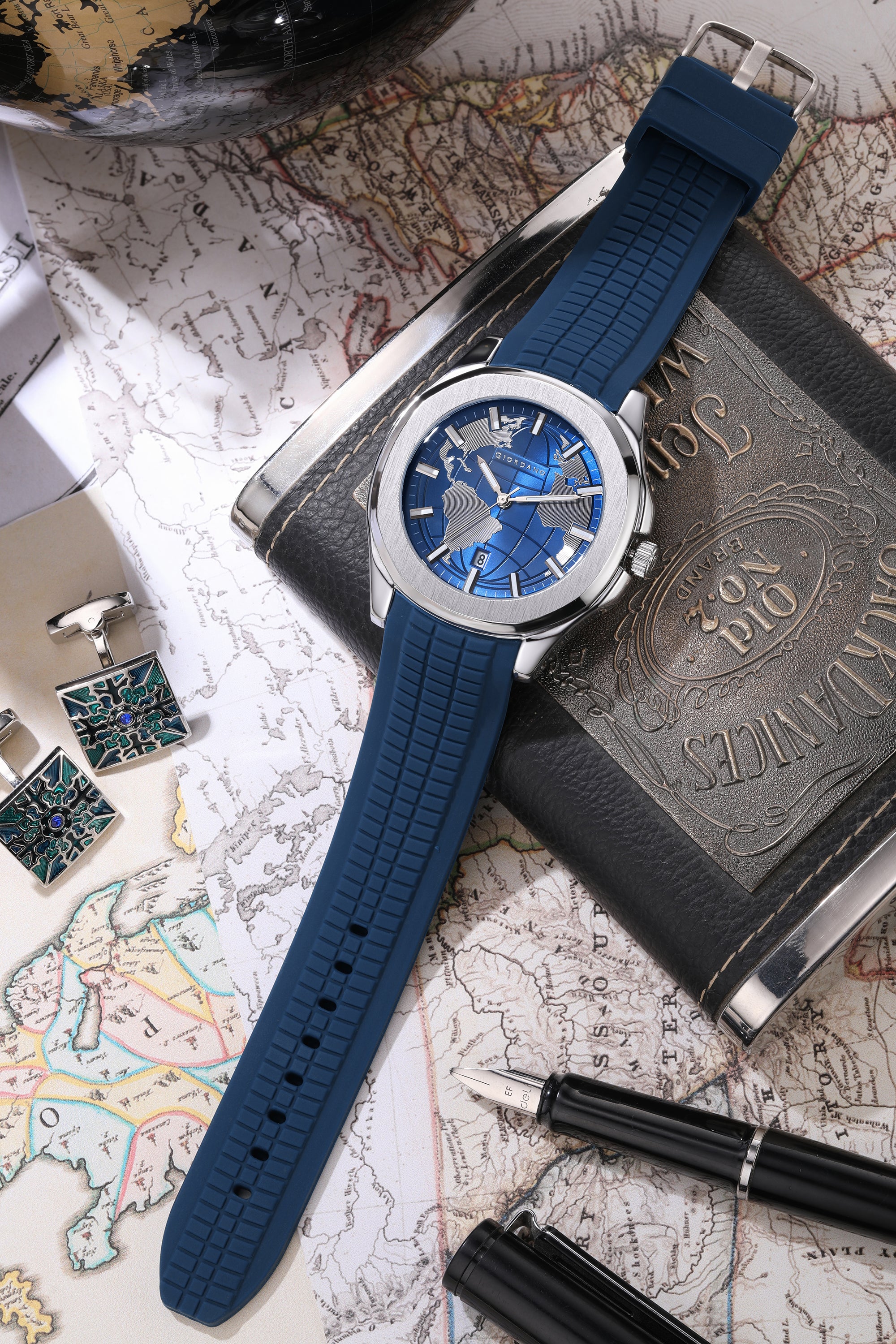 Giordano Stylish World Map design Watch for men with round dial and textured Silicone strap  | GZ-50147-03