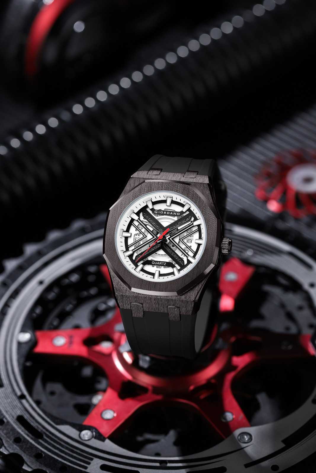 Giordano Analog Quartz Watch for Men – Bold Octagonal Case, Skeleton-Style Dial with Red Seconds Hand, Textured Rubber Strap, Sporty Casual Timepiece - GZ-50185-11