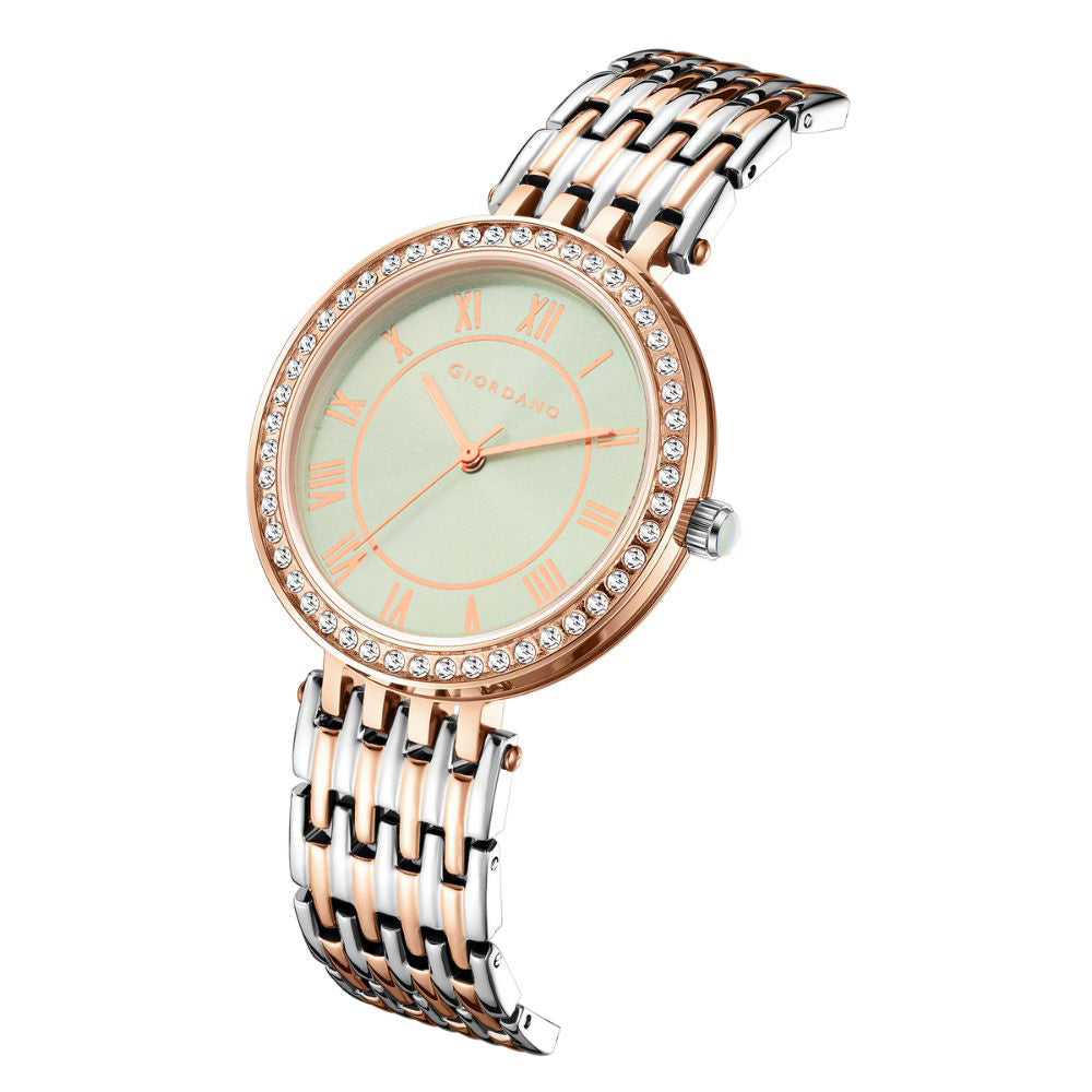 Giordano Eleganza Collection Watch for Women with Stainless Steel Strap and Crystal Embellished Bezel, Roman Numerals-A2083-11C