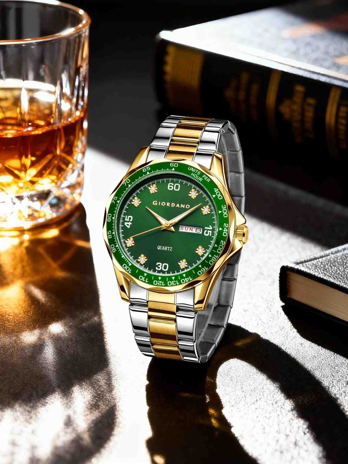 GIORDANO Two-Tone Analog Watch for Men - Crystal Hour Markers, Textured Bezel Design,  Day & Date Display, Stainless Steel Strap, Quartz Movement - GZ-50177-33