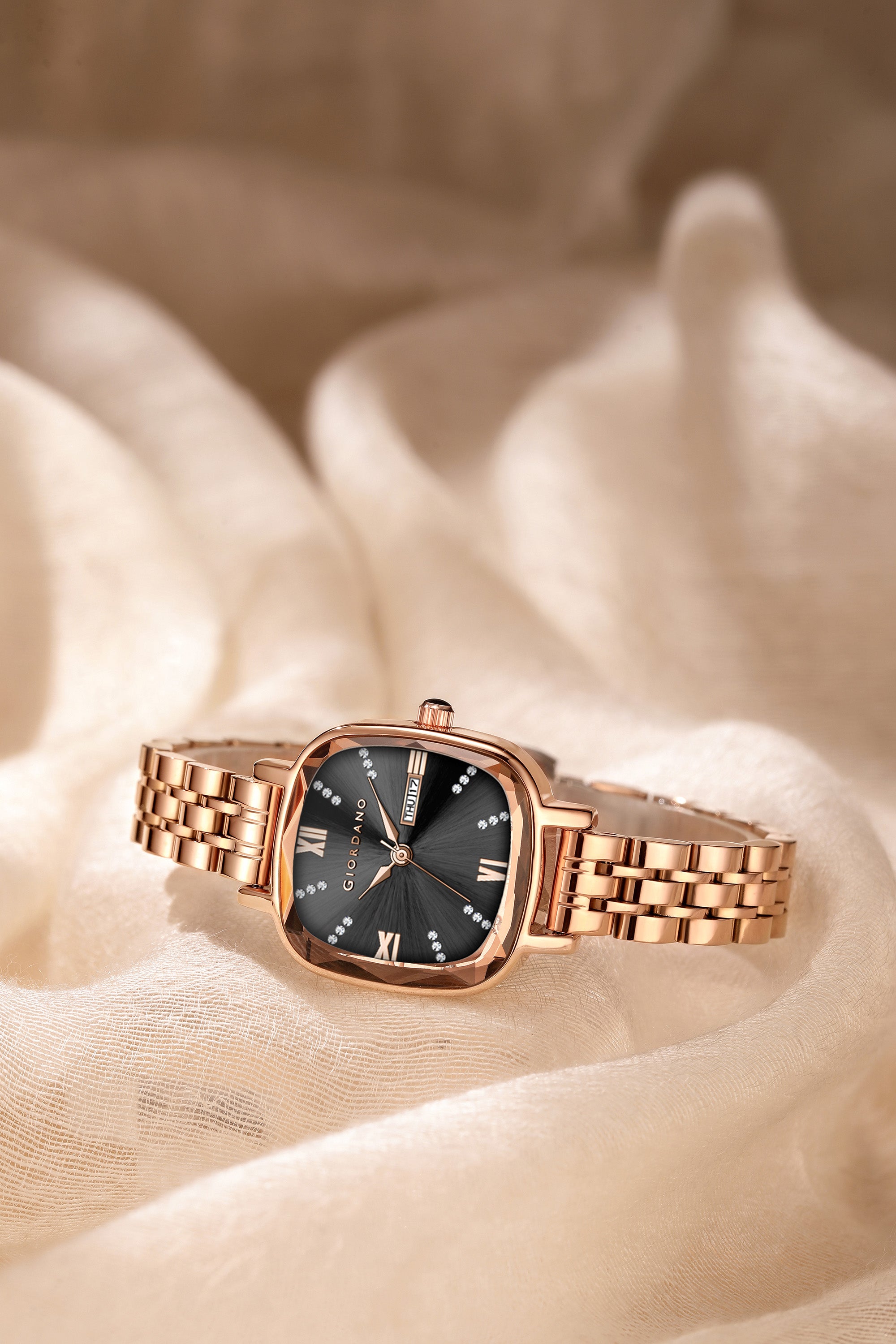 Giordano Elegant Square Watch for Women – Crystal & Roman Hour Markers, Day-Date Display, Stainless Steel Strap | GZ-60097-66