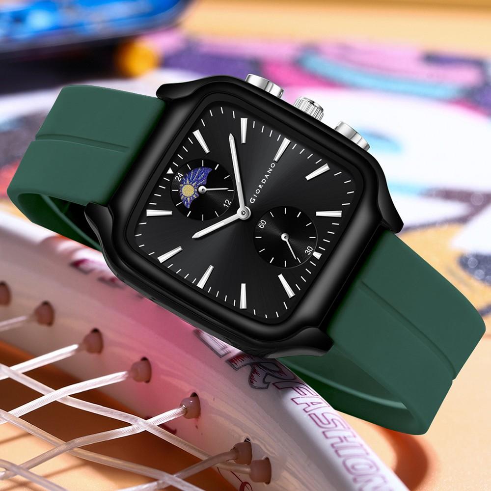 Giordano Premium Square Case Watch for Men | Moon Phase/24-Hour Indicator, Dual Subdials, Silicone Strap GZ-50166-03