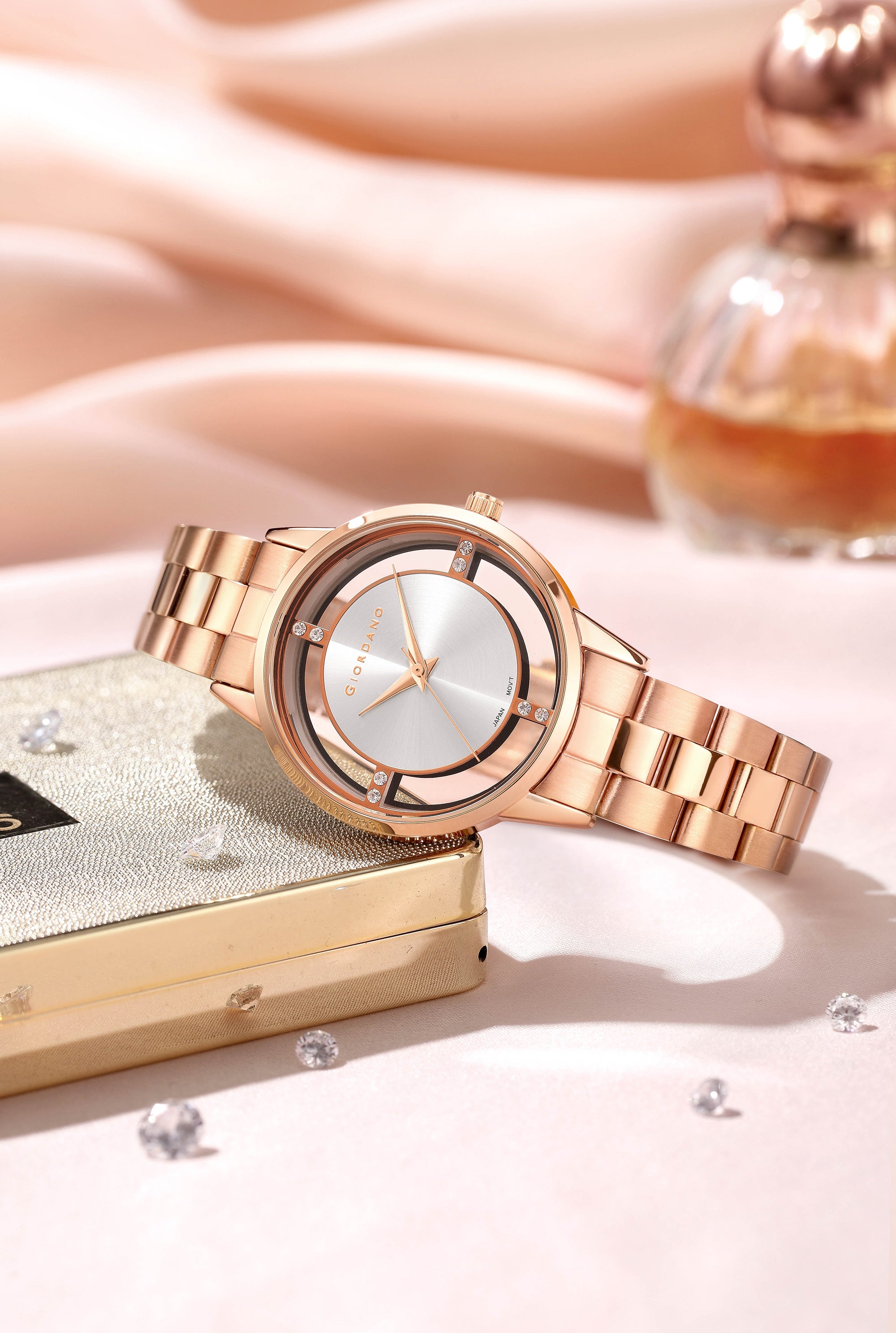 Giordano Analog Stylish Watch for Women with See-Through Dial with Crystal Accents and Stainless Steel Strap | GZ-60078-22