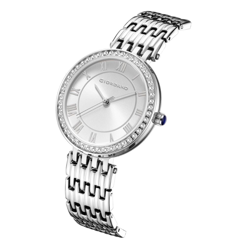 Giordano Eleganza Collection Watch for Women with Stainless Steel Strap and Crystal Embellished Bezel, Roman Numerals-A2083-77