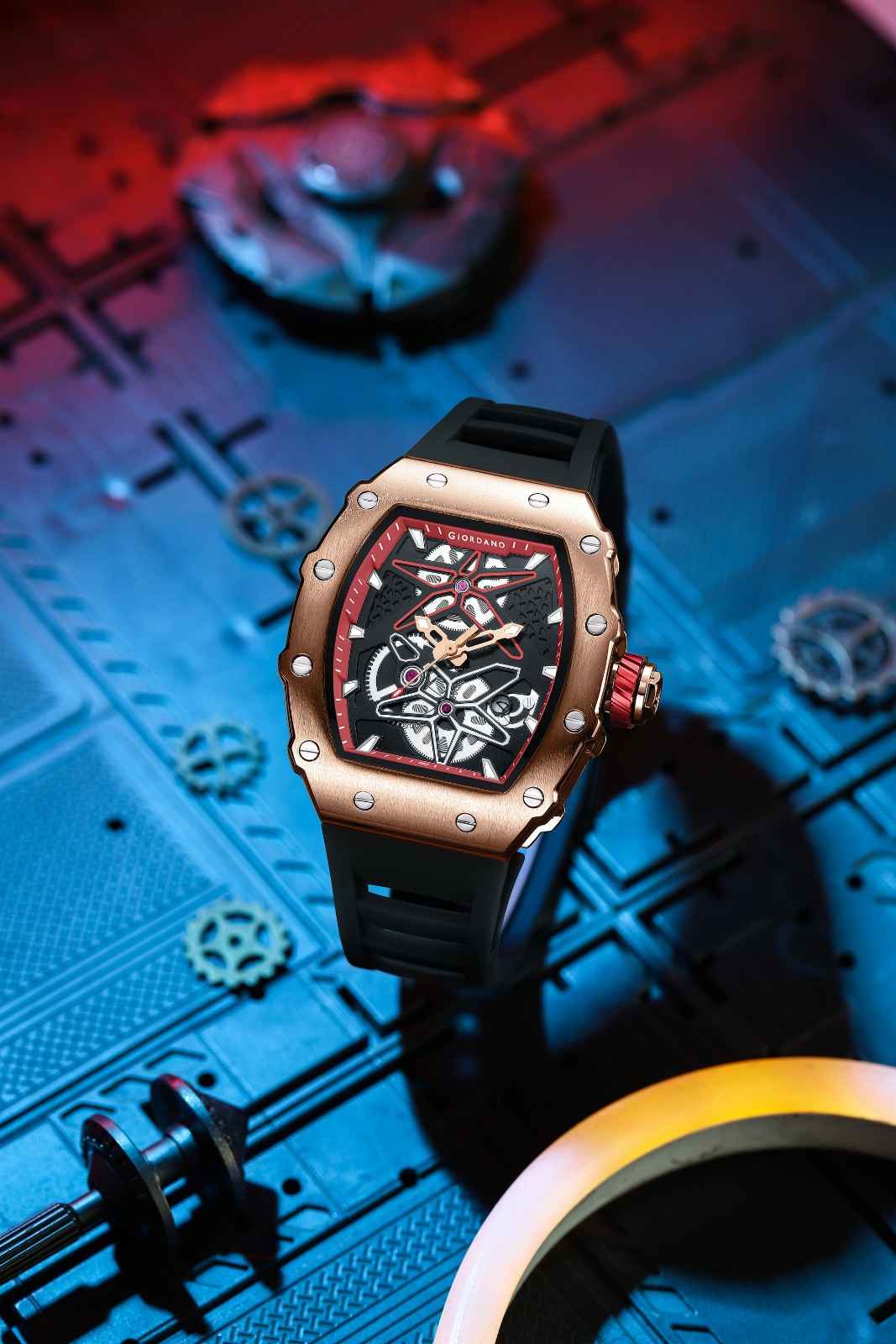 Giordano Analog Skeleton Dial Watch for Men – Tonneau Case, Silicone Strap, Open-Gear Sport Design, Quartz Movement - GZ-50188-22