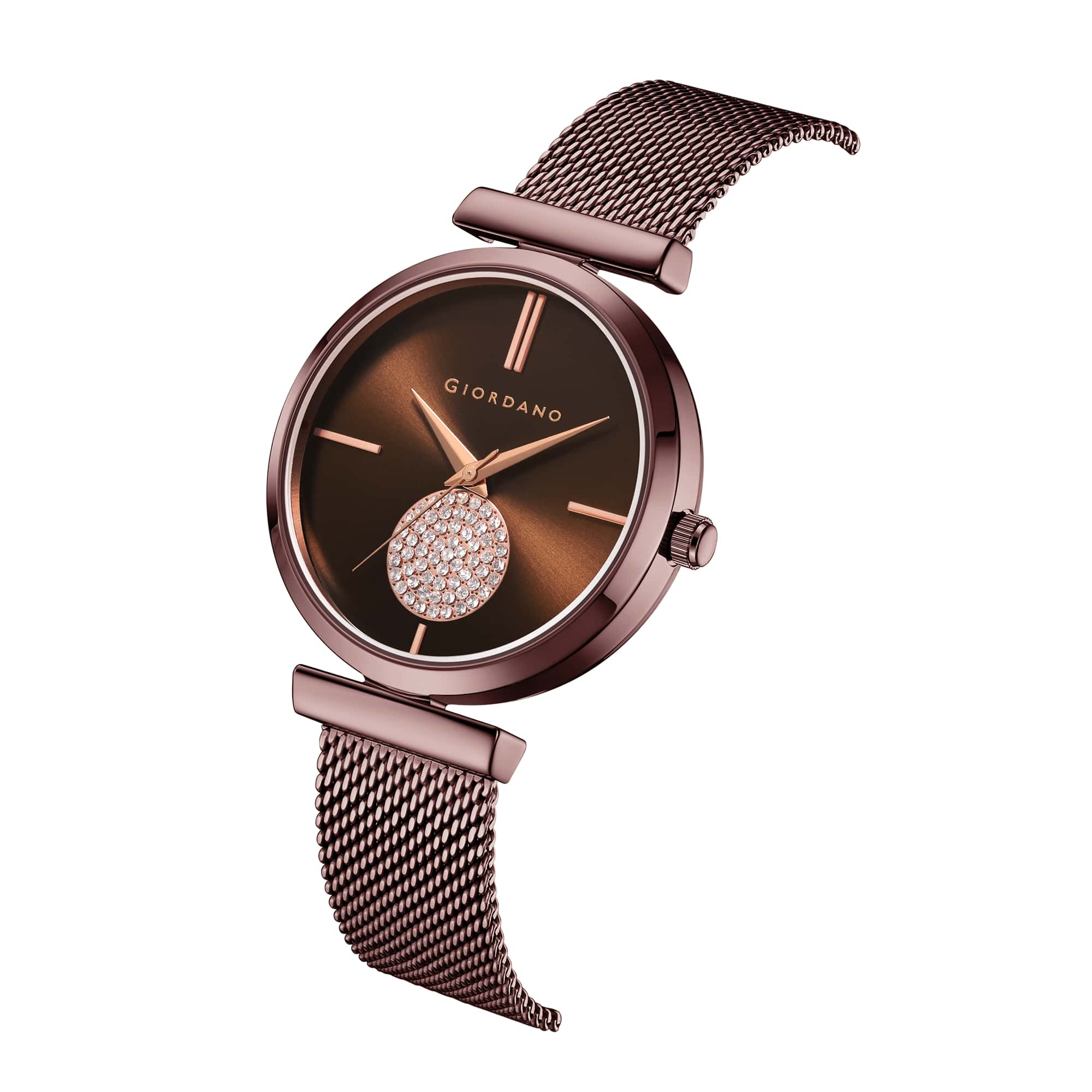 Giordano Eleganza Collection Analog Watch for Women with Crystal Studded Dial and Metallic Mesh Strap GD-4066-11