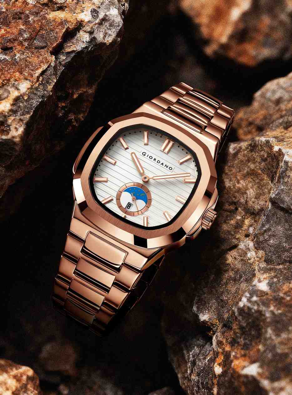 GIORDANO Analog Watch for Men – Classic Moon Phase Design with Textured Dial, Durable Stainless Steel Strap, and Date Display - GZ-50179-33