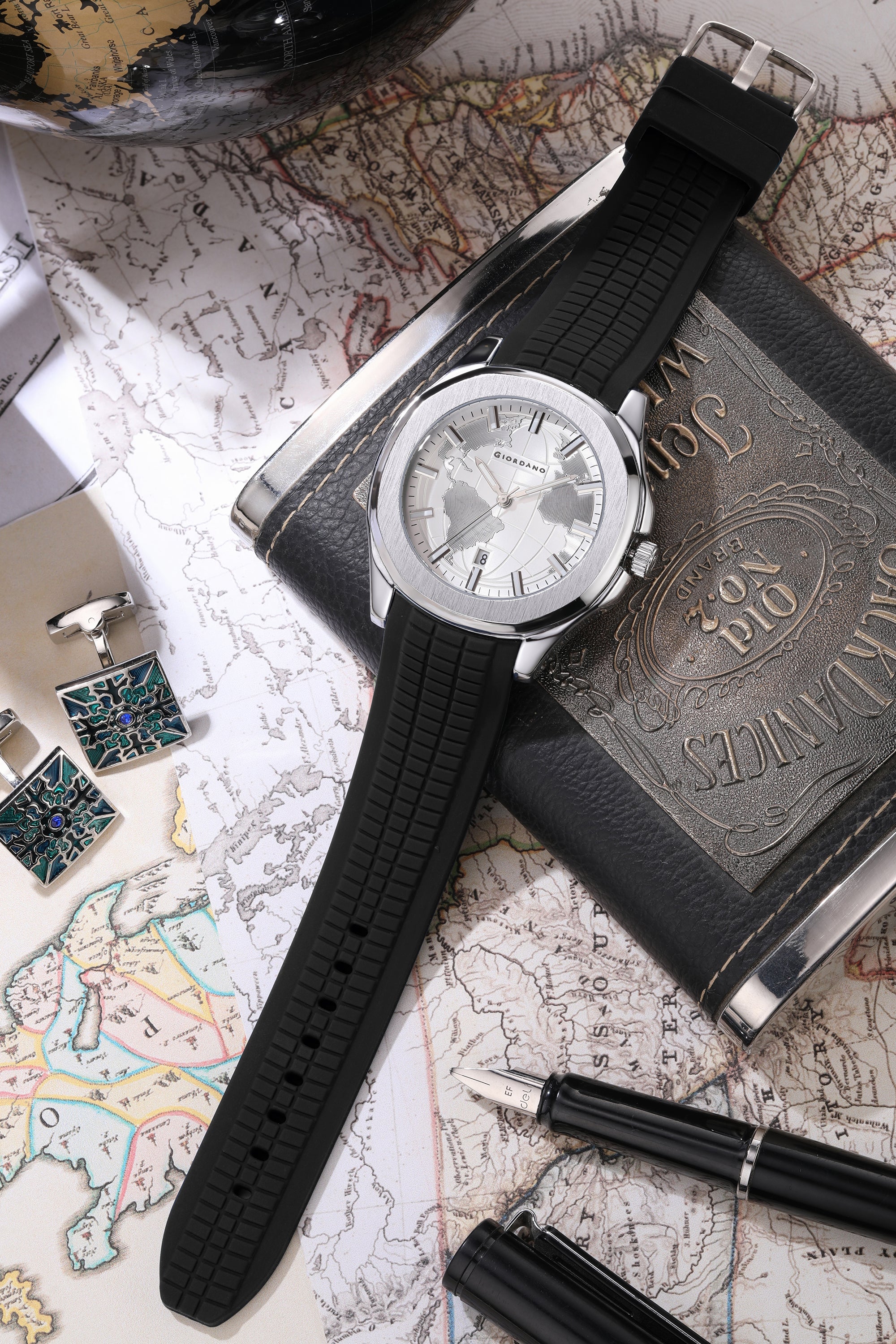 Giordano Stylish World Map design Watch for men with round dial and textured Silicone strap  | GZ-50147-02