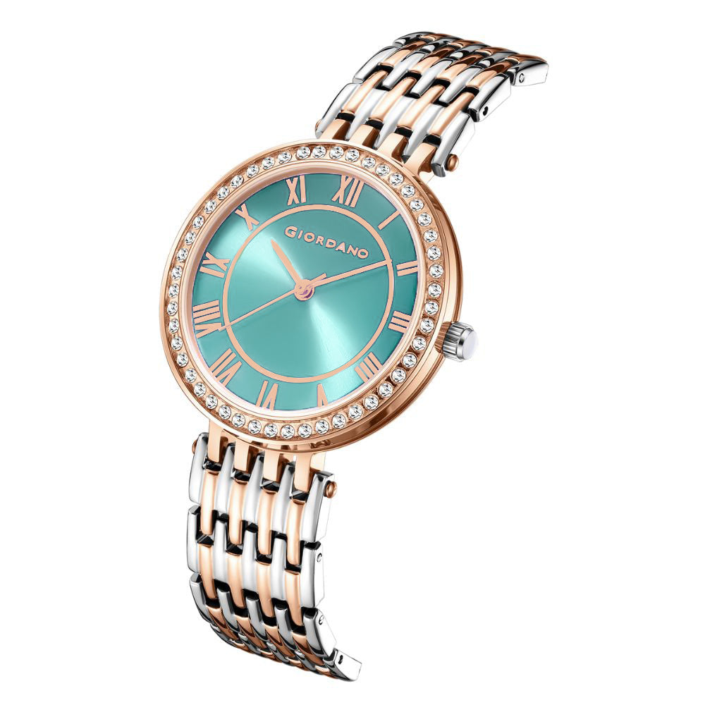 Giordano Eleganza Collection Watch for Women with Stainless Steel Strap and Crystal Embellished Bezel, Roman Numerals-A2083-22C