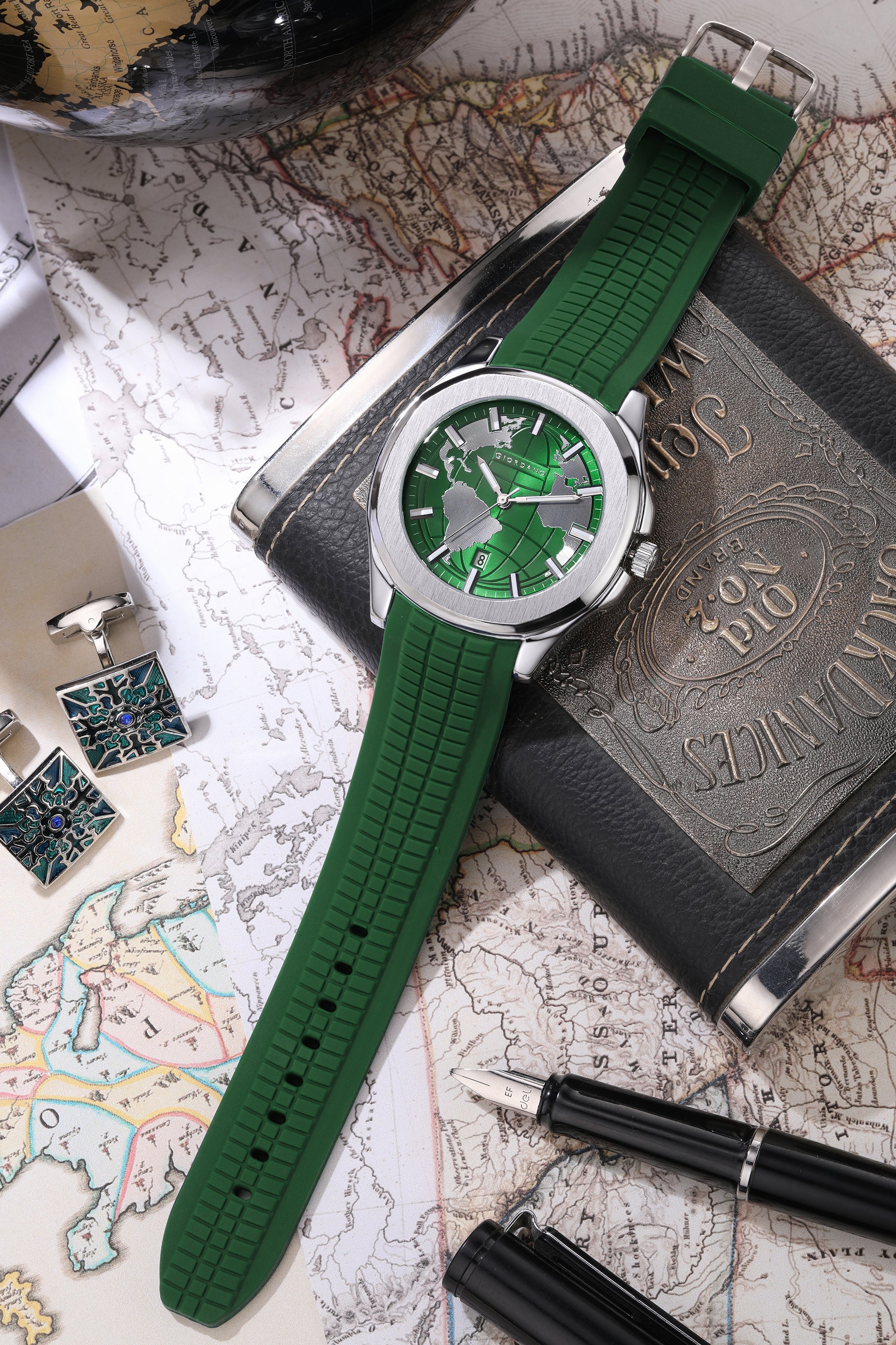 Giordano Stylish World Map design Watch for men with round dial and textured Silicone strap  | GZ-50147-05