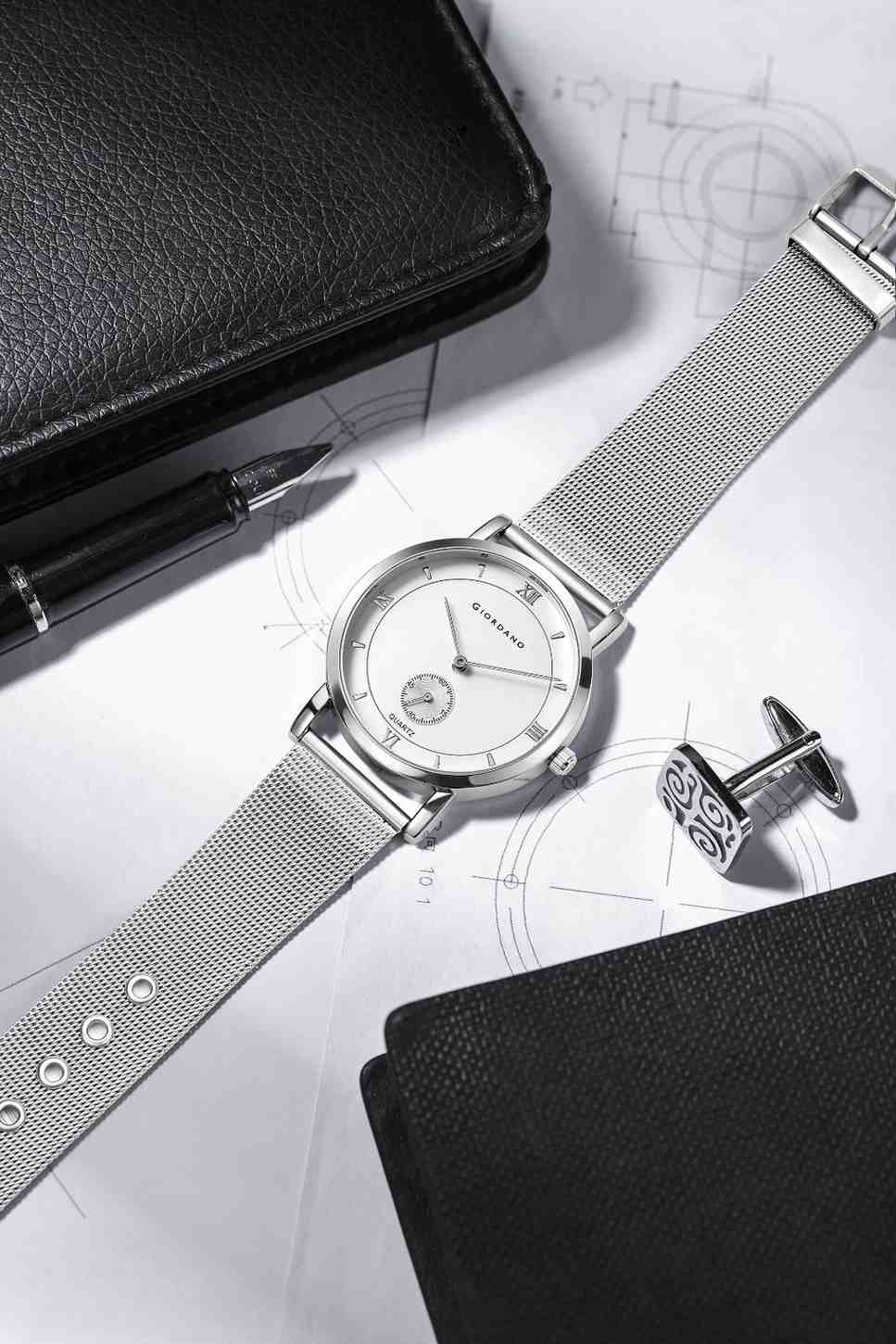 Giordano Classic Analog Quartz Watch for Men – Mesh Metal Strap, Minimalist Dial with Roman Numerals, Slim Elegant Dress Watch - GZ-50186-22