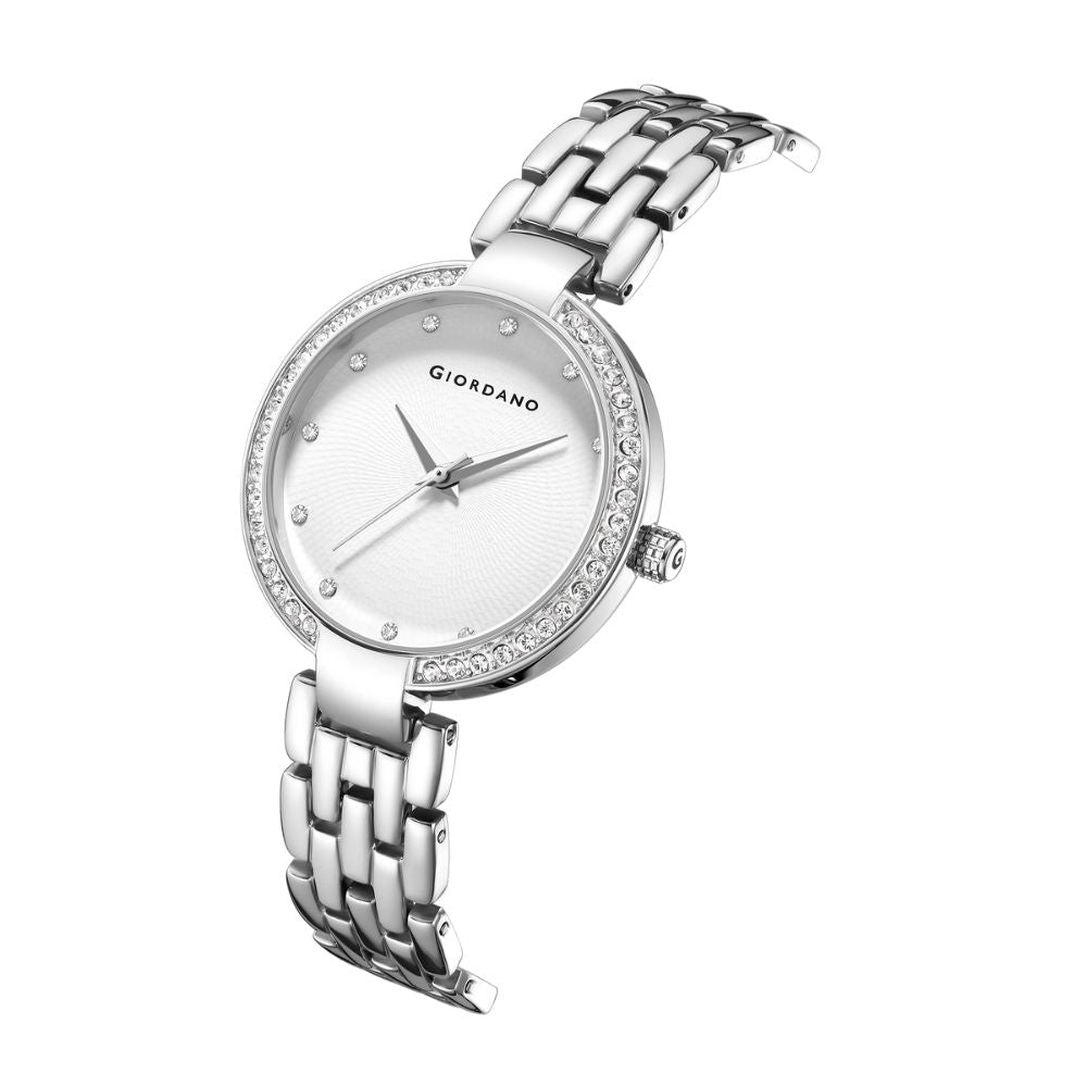 Giordano Analog Watch for Women with Diamond Indices, Stainless Steel Strap and Crystal Embellished Bezel | GD-2141-11