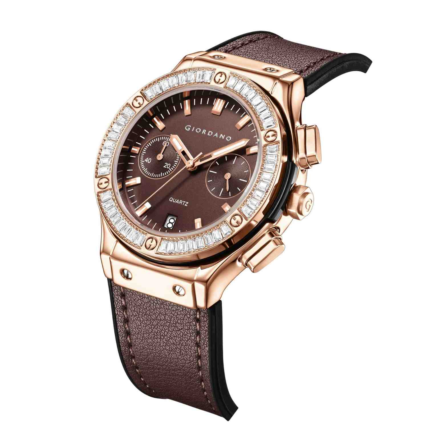 Giordano analog Watch for Women  – Round Dial,  Leather Strap, Crystal-Studded Bezel with Quartz Movement-GZ-60093-05
