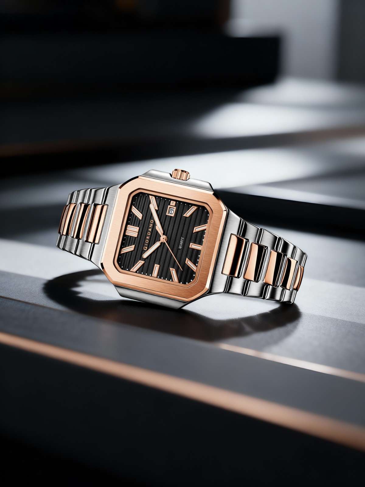 GIORDANO Analog Square Watch for Men – Textured Dial, Two-Tone Stainless Steel Strap, Quartz Movement and Date Display - GZ-50174-11