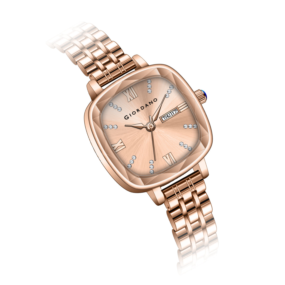 Giordano Elegant Square Rose Gold Watch for Women – Crystal & Roman Hour Markers, Day-Date Display, Stainless Steel Strap | GZ-60097-22