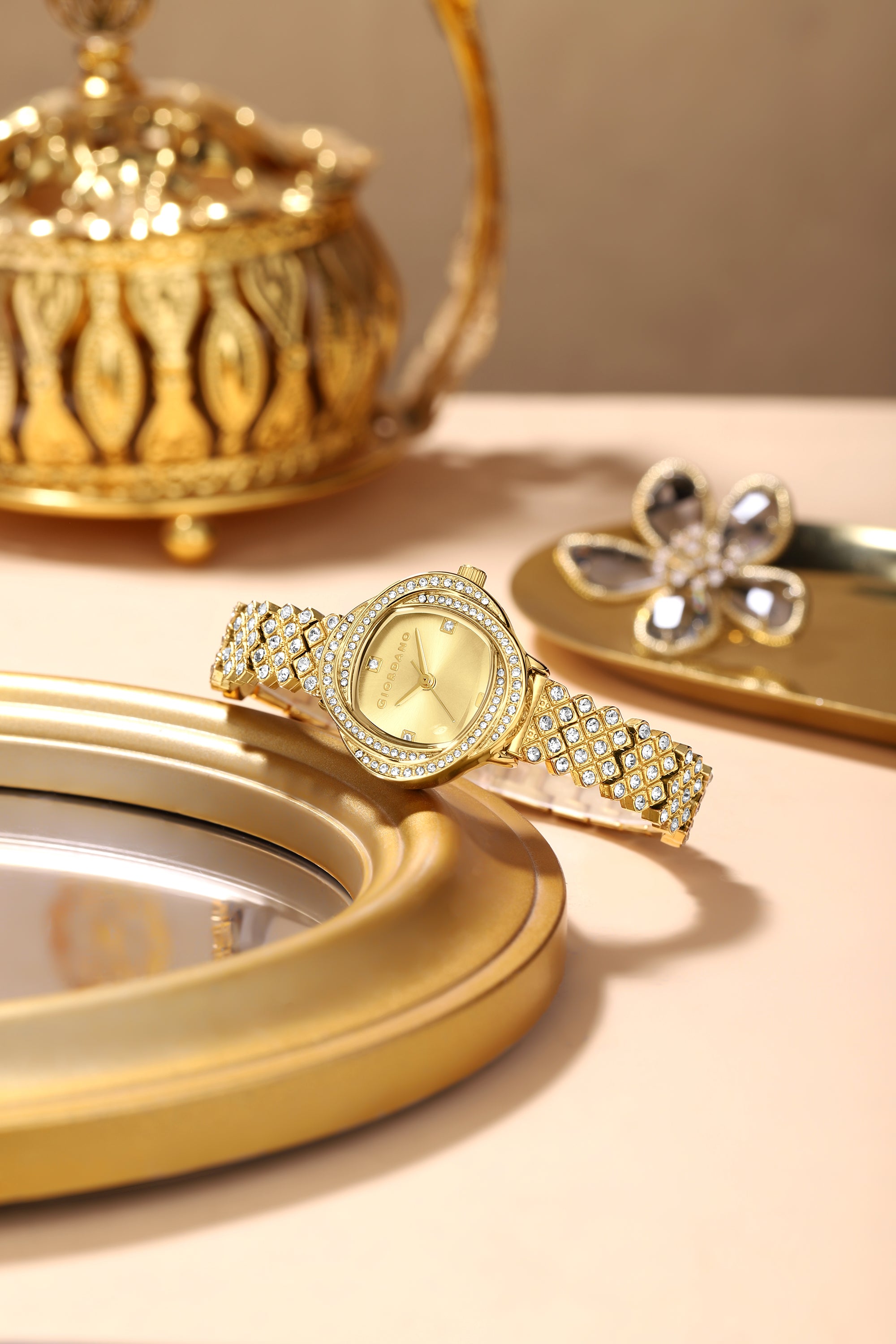 Giordano Luxury Crystal Watch for Women, Stainless Steel Strap, Diamond-Studded Bezel, Elegant Dress Timepiece | GZ-60120-22