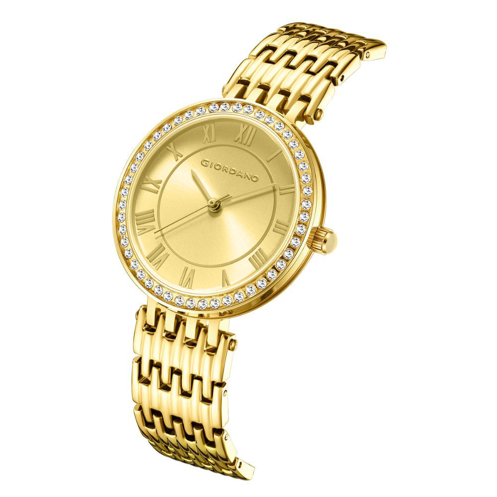 Giordano Eleganza Collection Watch for Women with Stainless Steel Strap and Crystal Embellished Bezel, Roman Numerals-A2083-00A
