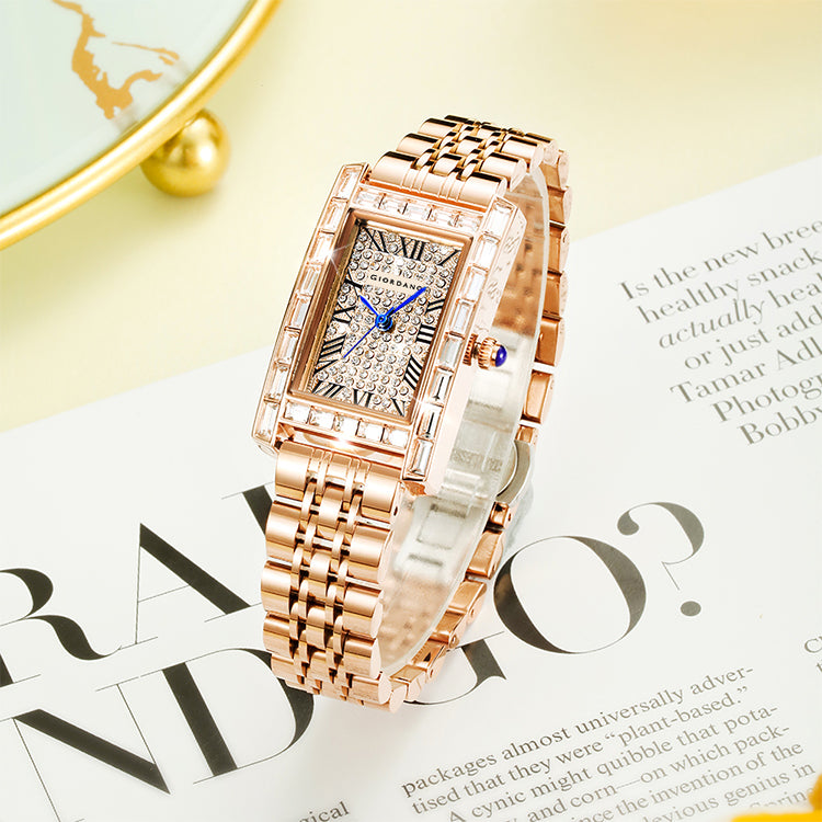 Giordano Rectangular Dress Watch for women with Crystal Bezel, roman indiced and Sparkling Dial | GZ-60119-33