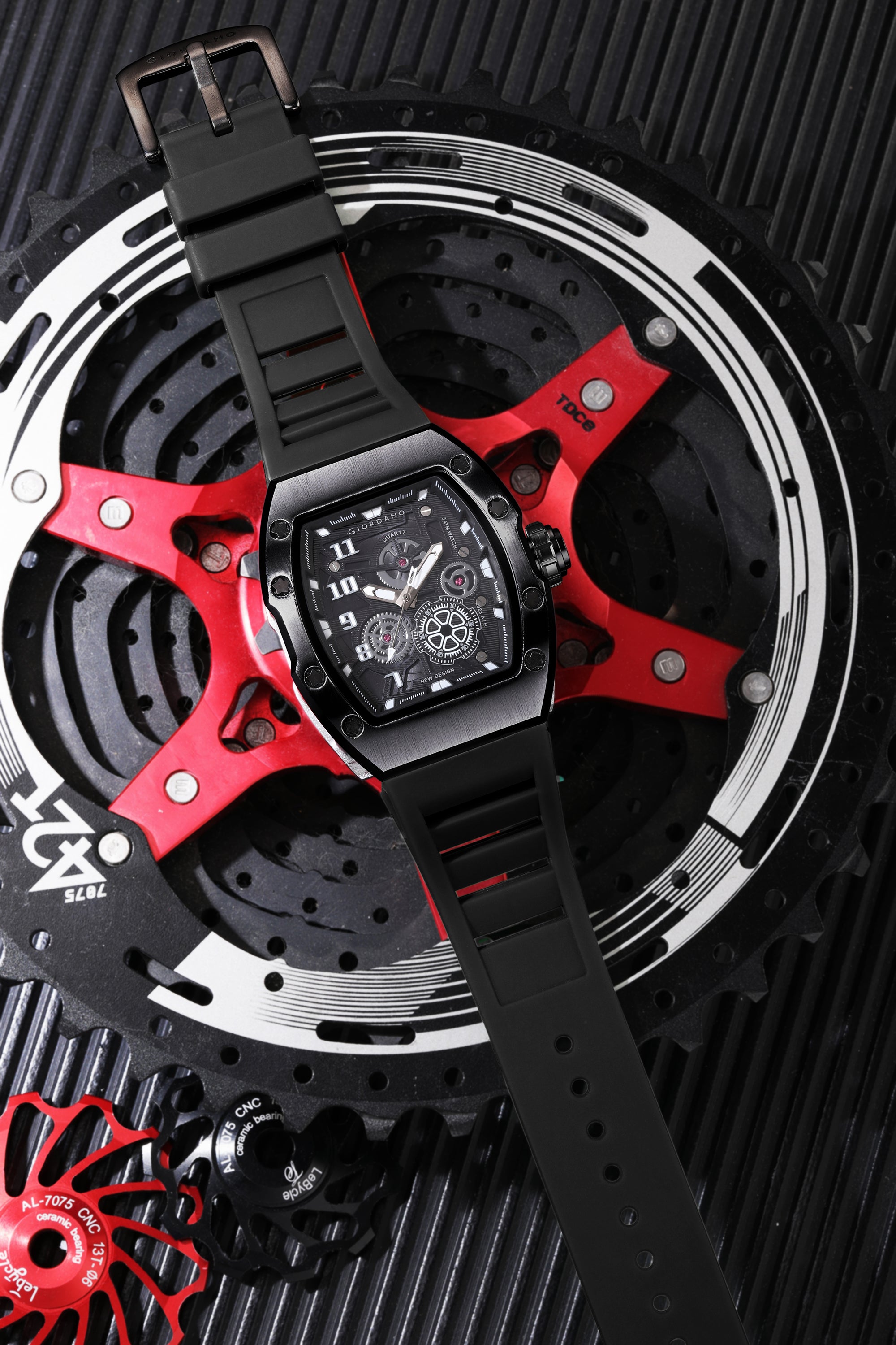 Giordano Sqaure Analog Casual Sporty Watch for Men – Mechanical-Inspired Design dial, Quartz Movement, silicon strap and date display | GZ-50150-01