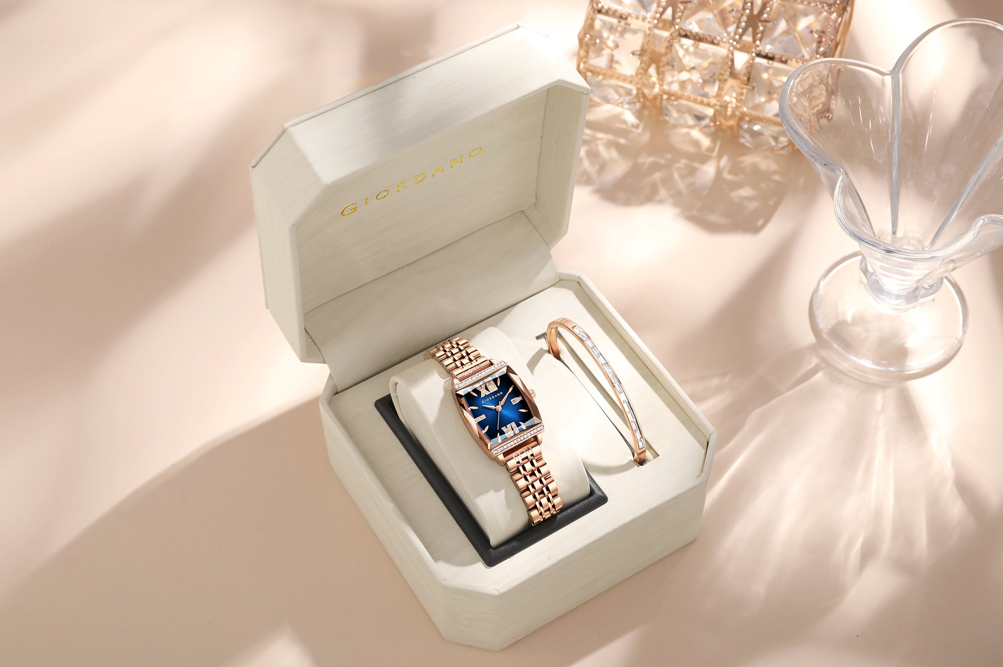 Giordano Analog Watch with Bracelet Set for Women – Cut Glass Square Dial, Crystal Roman Indices and Stainless Steel Strap – Elegant Gift Combo for Women | GZ-60117-33