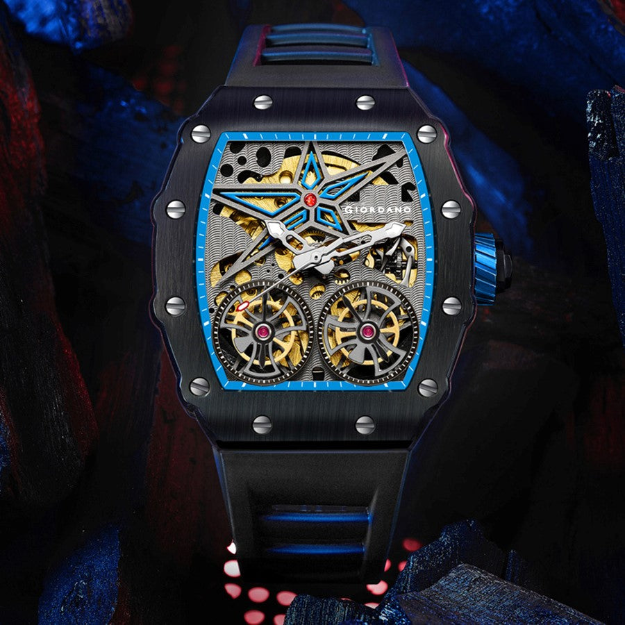 Giordano Luxury Automatic Watch for Men – Mechanical Skeleton Dial, Dual Gear Display,Silicon Strap | GZ-50128-01
