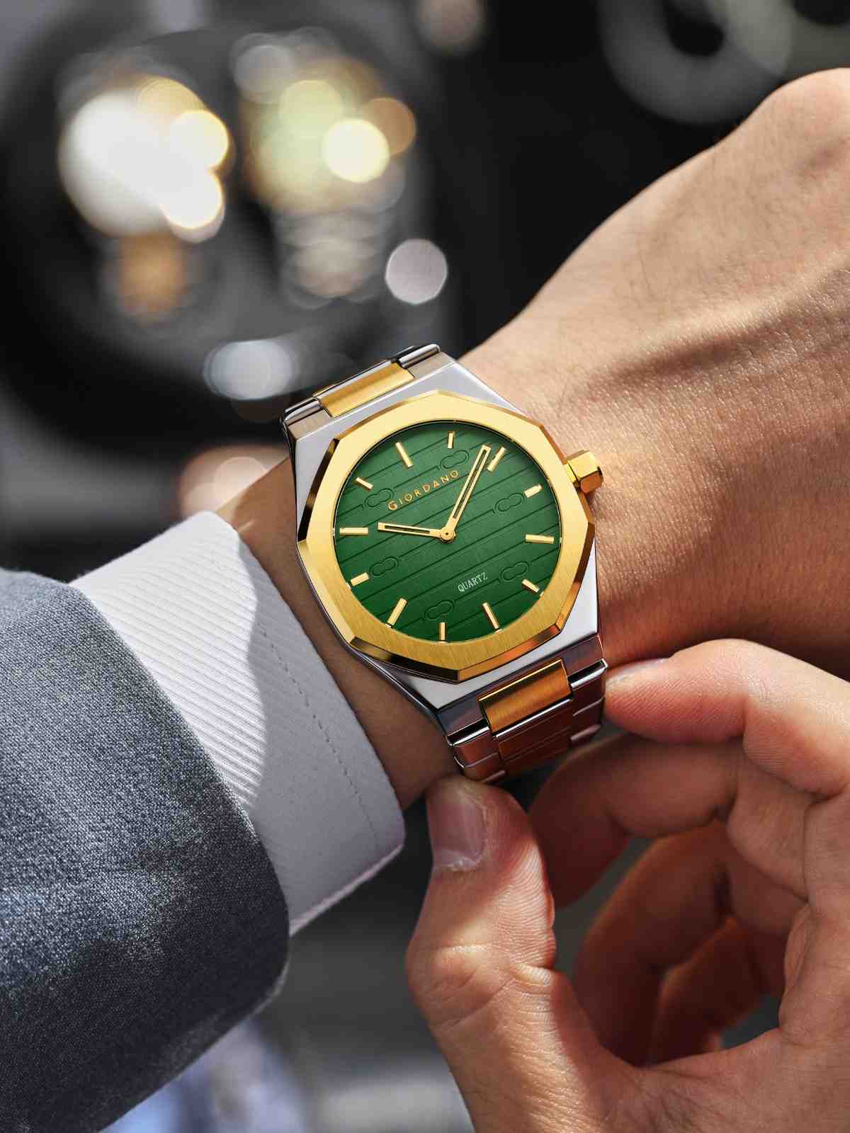 GIORDANO Elegant Analog Watch for Men with Octagonal Textured Dial, Stainless Steel Strap, Luminous Markers, and Quartz Movement - GZ-50178-22