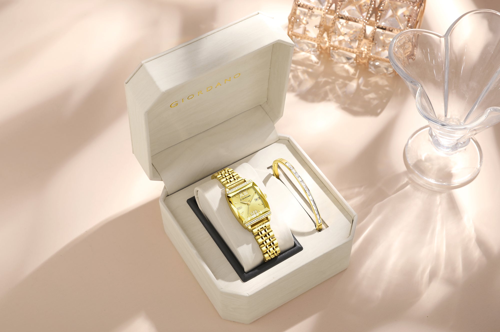 Giordano Analog Watch with Bracelet Set for Women – Cut Glass Square Dial, Crystal Roman Indices and Stainless Steel Strap – Elegant Gift Combo for Women | GZ-60117-66